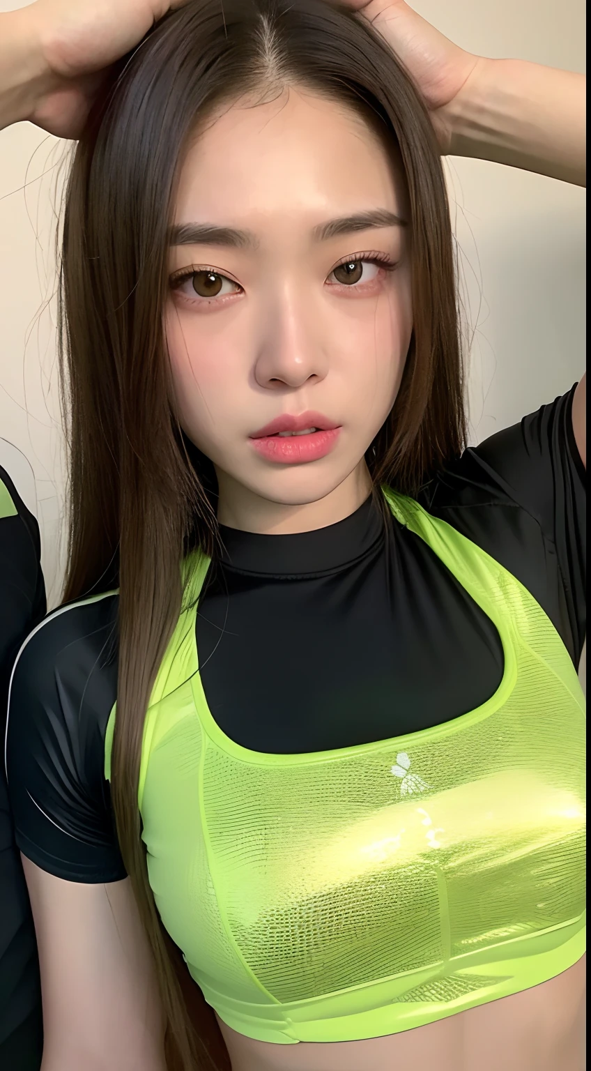 One Hairy Man、Wearing a sexy shiny crop top、A woman wearing training gear is grabbed by a man next to her by her breasts、inside in room、clothes shiny (Glossy crop top:1.8、Glossy olive color training gear)、top-quality, hight resolution, 8k, 1girl, (Huge breasts :1.0)、(bangss,Medium hair), Beautiful detailed sky, Soft lighting、the wind、shinny skin、looking at the viewers、Troubled look(The upper part of the body:2.1))、Hairy man beside a woman(Hugging woman wearing sexy shiny crop top and training gear、Excited look、Hands are grabbing the breasts of a woman wearing sexy shiny crop top and training gear)