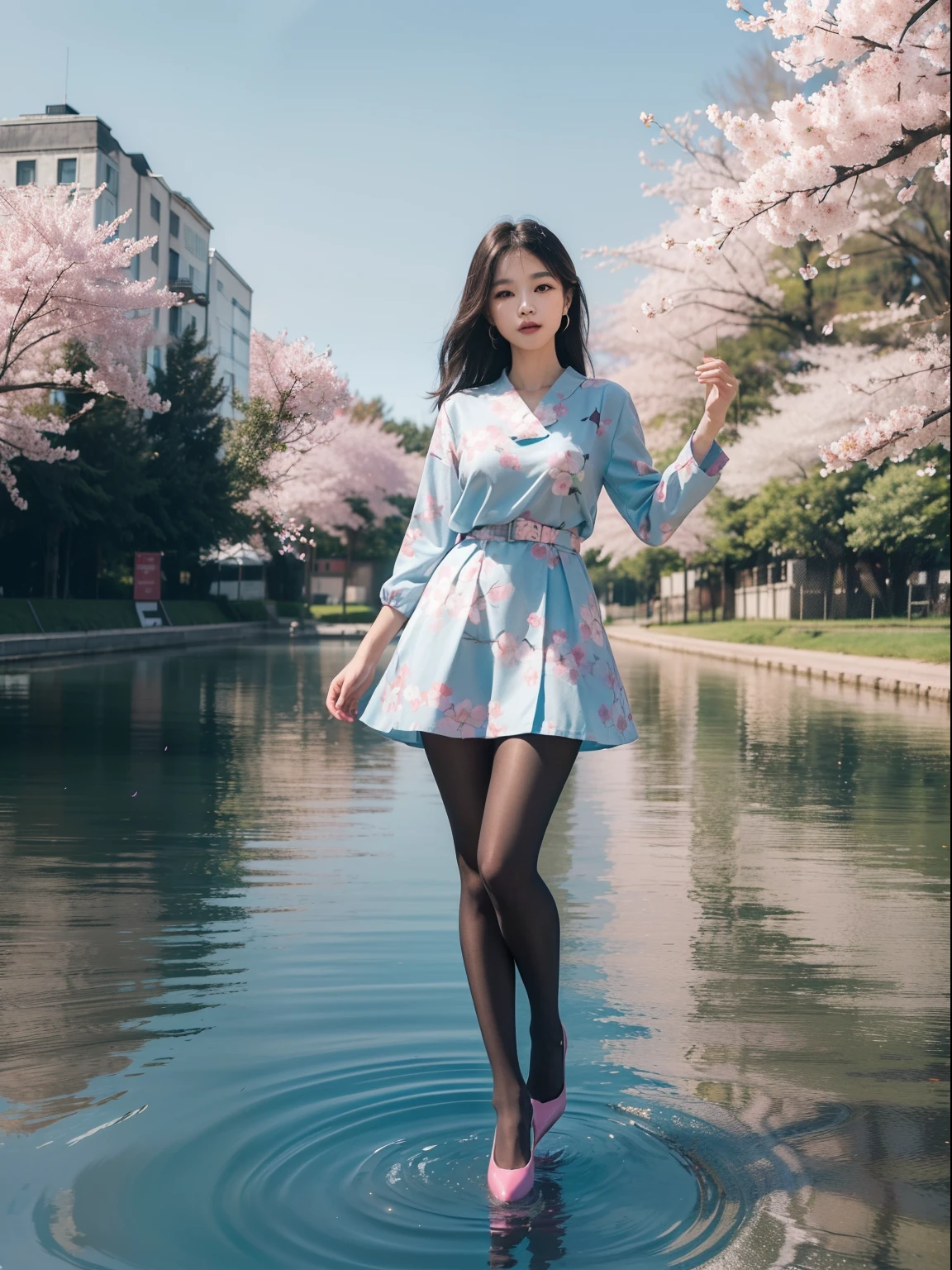 A woman in a blue dress is standing in a pond - SeaArt AI