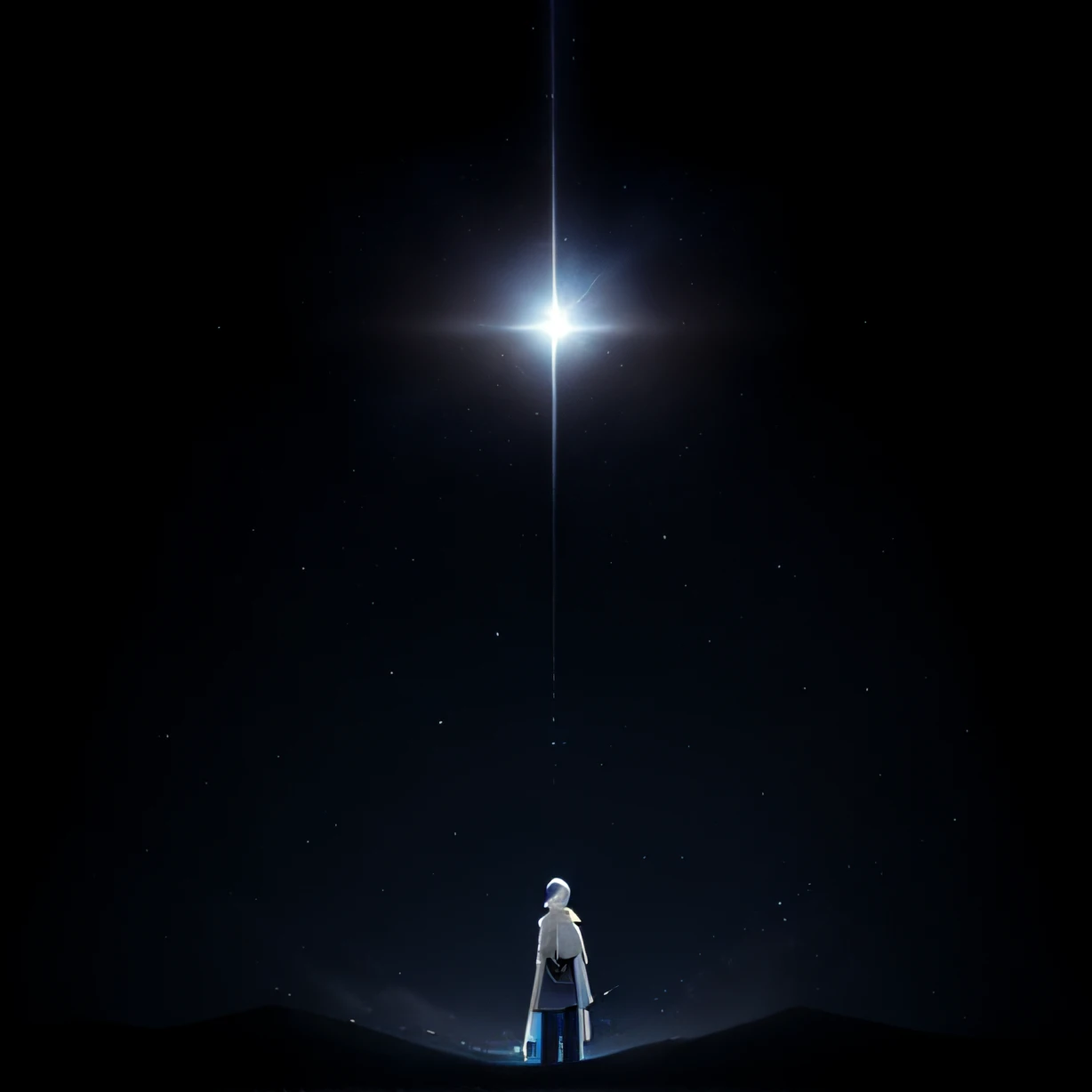 A two-dimensional male，18yr old，robust，The upper body is dominant，Blue-white eyes，The eyes were slightly confused，With his head bowed，Short white flowing hair，Hold it in both hands，A planet levitates on the hand，Starry sky in the background，The background is dark，With a sense of mystery