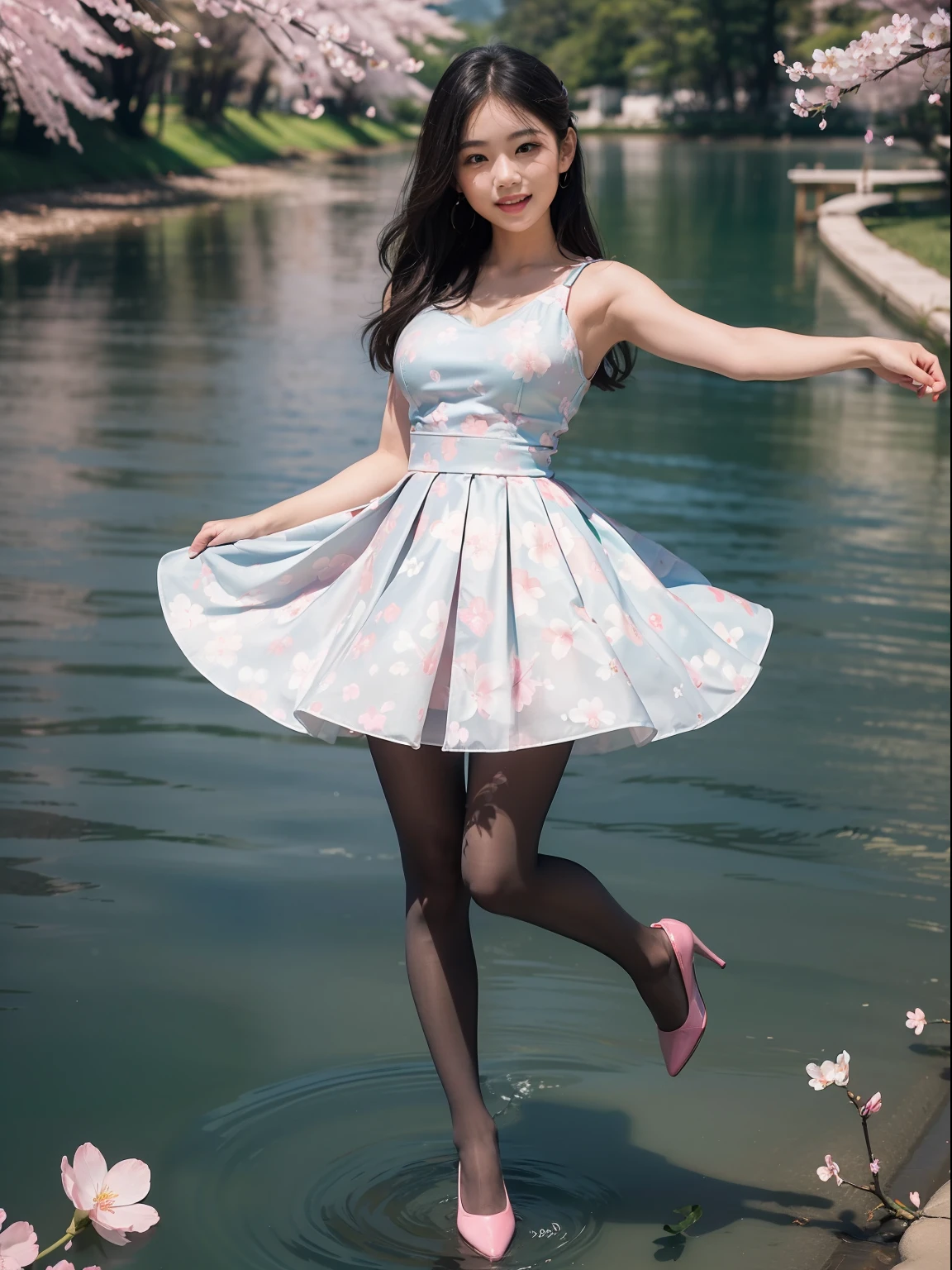 (full body:1.5),(looking at viewer:1.4),(anatomy correct:1.3), (Wearing Pantyhose, pointed toe high-heeled, and Cherry Blossom Print Turtle Set:1.2), Dancing in the water:1.2),(In pink|amarelo|blue colors|green color|red colour|white colors|black in color|purpleish color|greys|Beige|Flesh color 1.4),(Accurate and perfect face:1.4),A shallow laugh,,hyper HD, Ray traching, reflective light,structurally correct, Award-Awarded, high detal, lightand shade contrast, Face lighting,cinmatic lighting, tmasterpiece, super detailing, high high quality, high detal, best qualityer, 16k,high contrast,