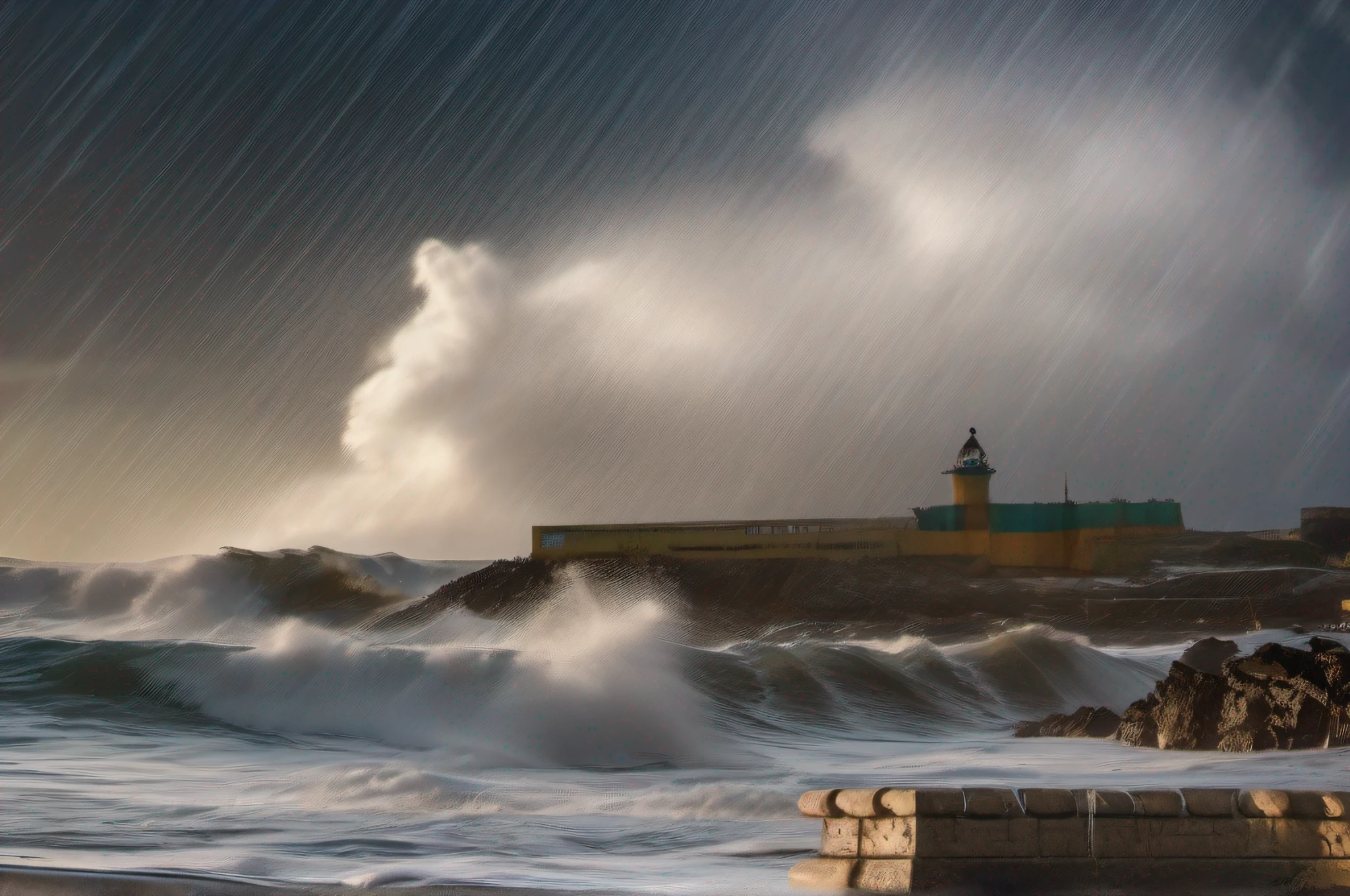 a maritime scene where we can see that (it is raining hail:1.4), in the sea there are (big waves:1.4), weather of (hailstorm:1.4), which falls into the sea, where big waves are formed", details Intricate, Best Artwork, Award Winning Photography, Raw Photography, Cinematic Style.
