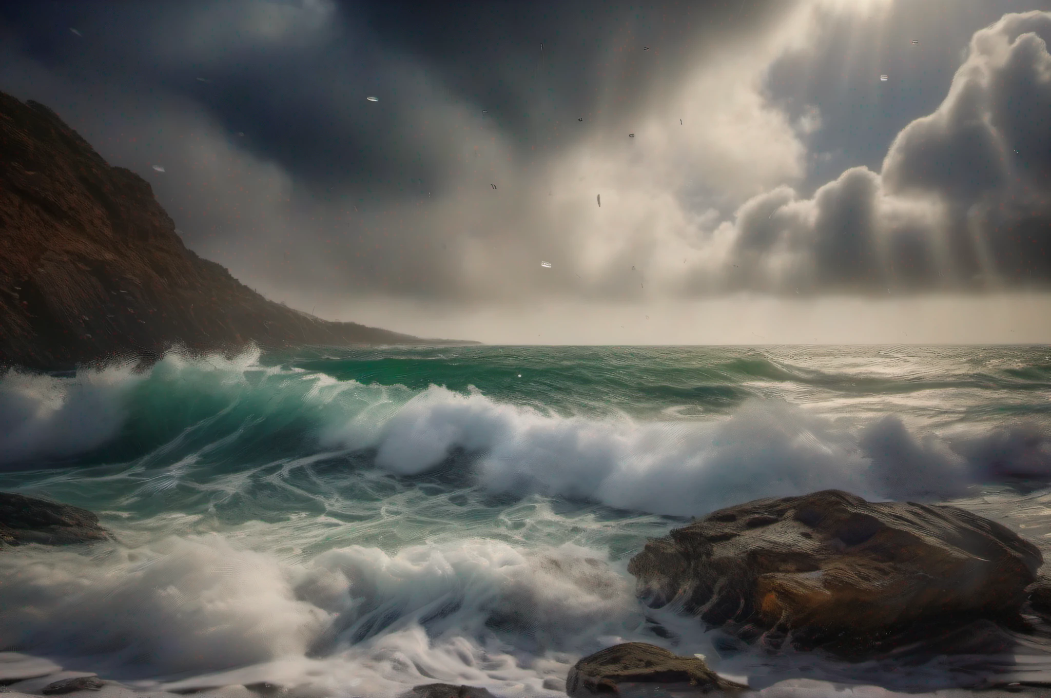 a maritime scene where we can see that (it is raining hail:1.4), in the sea there are (big waves:1.4), weather of (hailstorm:1.4), which falls into the sea, where big waves are formed", details Intricate, Best Artwork, Award Winning Photography, Raw Photography, Cinematic Style.