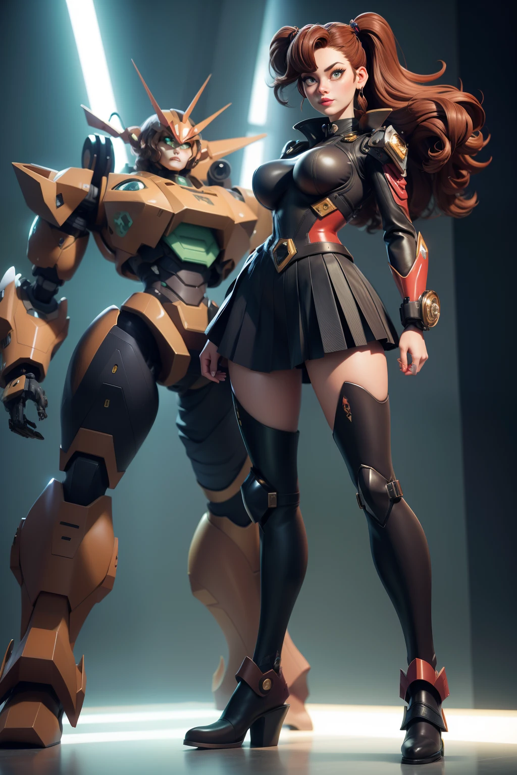 MJ3D Style,3DMM (3DMM),..3D, Photograph of an eccentric woman standing in front of an unusually large heavy mecha in the background. Super_Mecha in the background, (22 years old woman), Middle breast, small waists, Brown hair, Green Eyes, Perfect Illumination, beautiful detail, s whole body, pleated skirt, long boots, hazy. Super_Mecca,
