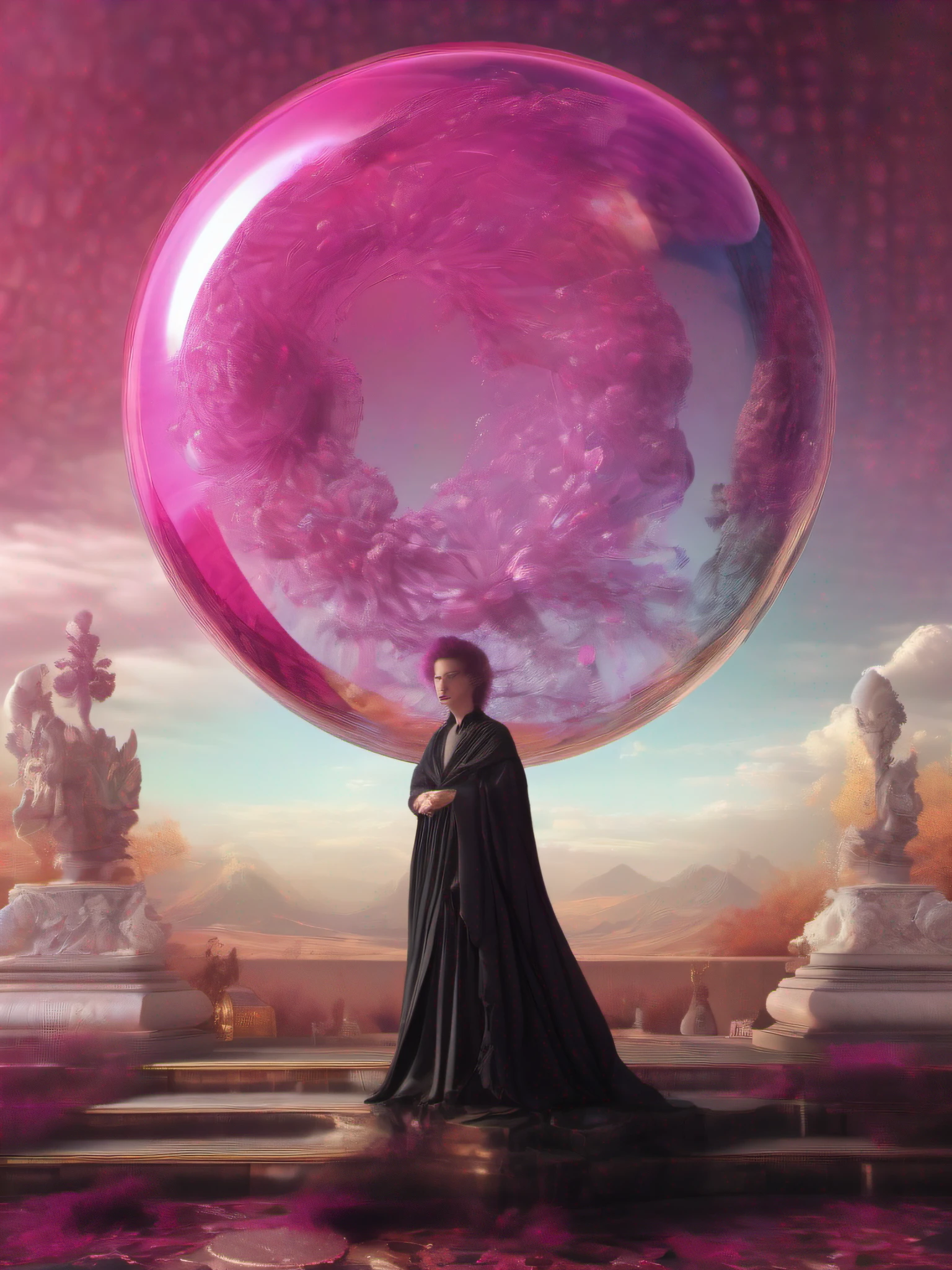 Neopolionic era with gilded aesthetics ,character in a soap bubble magenta, sureal, black,made of Dry Ice,detailed,photoreal,8k,, Broken Glass effect, no background, stunning, something that even doesn't exist, mythical being, energy, molecular, textures, iridescent and luminescent scales, breathtaking beauty, pure perfection, divine presence, unforgettable, impressive, breathtaking beauty, Volumetric light, auras, rays, vivid colors reflects