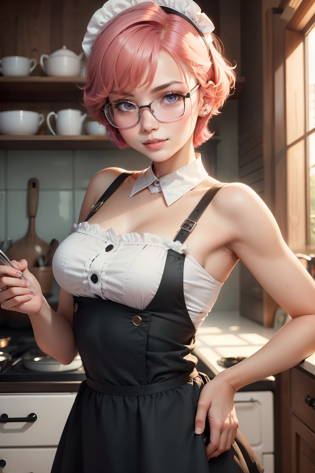 Close-up portrait of a playful maid，Cut your hair short，aprons，amazing body，pronounced feminine features，plumw，kitchens，[Ash Blonde |Ginger |with pink hair]，eye glass，Flirt with the camera