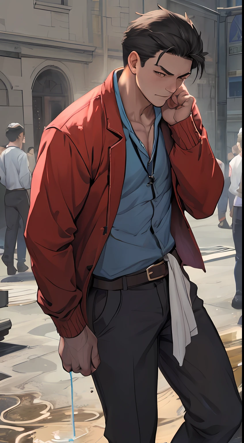 A3R1, Hector Fido looked at the upper body,Pants view,legs standing together,A3R1,pissing,Pee yourself,His own urine ran down his leg,perfect male figure, Aerith Gainsborough ,Put your hands in your pockets,Pee from his legs,blue colored eyes,Surrounded by other people, Stand in a very busy medieval castle,and the sun was shining brightly,Wear a tie,wearing leather belt,Long Sleeve White Shirt,Dye hair short,Wrist watch,Black suit trousers,dress shoes,Nervously bow your head,irate,embarressed,defeat,is shocked,panicking,worry,exteriors,On dry ground, A small puddle of his own urine formed around his feet,Very eager to pee,Wet yourself,Urine discharge,high detal,hentail realism,ultra-realistic realism,three sided view, A masterpiece of careful planning,A high resolution, hyper HD ,anatomy correct,super detailing,best qualtiy,A high resolution,8K