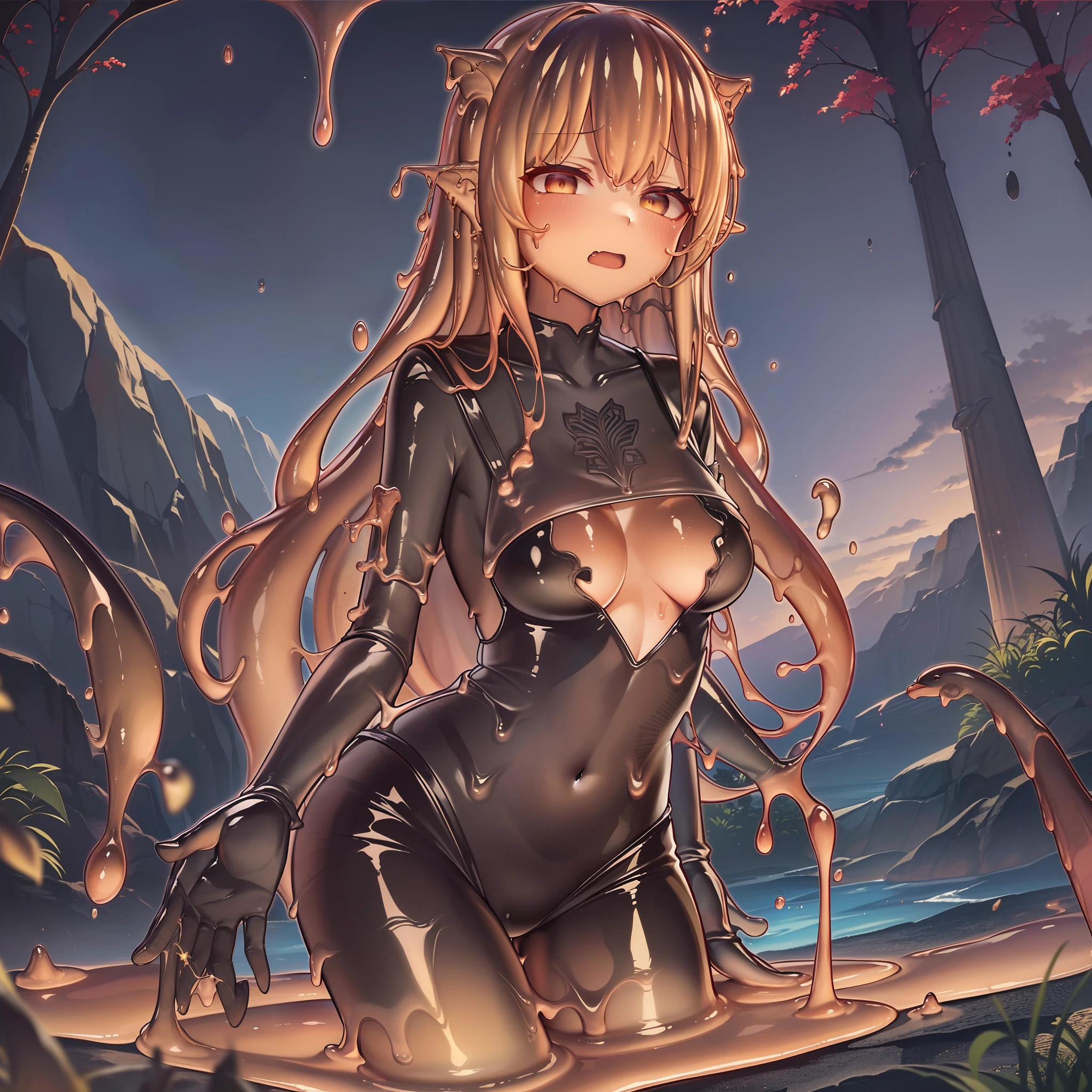 (Golden ratio:1.2),[(Black background:1.4)::10],(细腻细致), (Intricate details), (Cinematic light, 最优质的背光),(1girll),Solo,full bodyesbian,Lower chest shirt,(Slime girl:1.3), mud ground \(substance\), Redskin,(dual horsetail:1.3)+(long hair:1.3),red hair,(disdain:1.1)+(A look of disgust:1.3)+(Female imps:1.4),(small breasts),(Dolphin hot pants:1.3),Cross your hands at the waist,(In the Great Red Lake, formed by magma:1.3),At night,Stone piles