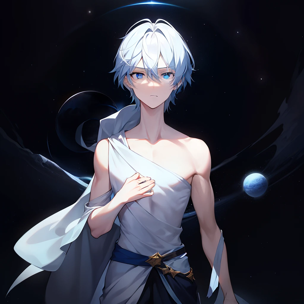 A two-dimensional male，18yr old，effeminate，The upper body is dominant，Blue-white eyes，The eyes were slightly confused，With his head bowed，Short white flowing hair，Hold it in both hands，A planet levitates on the hand，Starry sky in the background，The background is dark，With a sense of mystery