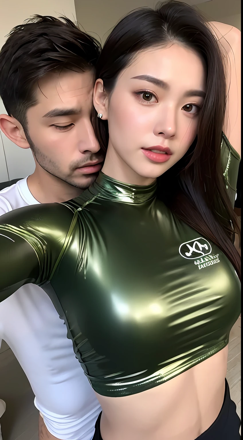 One Hairy Man、Wearing a sexy shiny crop top、A woman wearing training gear is grabbed by a man next to her by her breasts、inside in room、clothes shiny (Glossy crop top:1.8、Glossy olive color training gear)、top-quality, hight resolution, 8k, 1girl, (Huge breasts :1.0)、(bangss,Medium hair), Beautiful detailed sky, Soft lighting、the wind、shinny skin、looking at the viewers、Troubled look(The upper part of the body:2.1))、Hairy man beside a woman(Hugging woman wearing sexy shiny crop top and training gear、Excited look、Hands are grabbing the breasts of a woman wearing sexy shiny crop top and training gear)