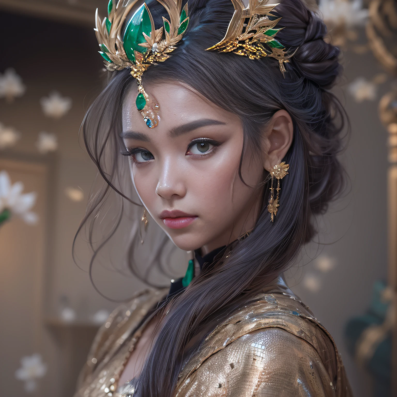 16k（tmasterpiece，k hd，hyper HD，16k）short detailed hair，Gold jewelry area in the back room，Mist Girl ，Emerald Dragon Protector （realisticlying：1.4），Python pattern robe，Purple-pink tiara，Snowflakes fluttering，The background is pure，Hold your head high，Be proud，The nostrils look at people， A high resolution， the detail， RAW photogr， Sharp Re， Nikon D850 Film Stock Photo by Jefferies Lee 4 Kodak Portra 400 Camera F1.6 shots, Rich colors, ultra-realistic vivid textures, Dramatic lighting, Unreal Engine Art Station Trend, cinestir 800，Hold your head high，Be proud，The nostrils look at people