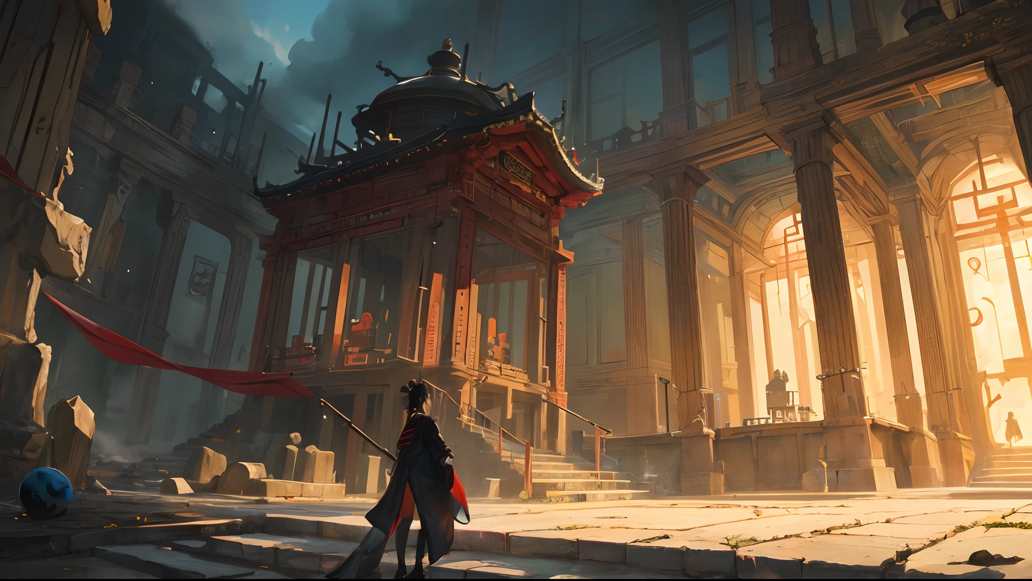 Use dark tones as the base，It creates a mysterious and eerie atmosphere。On screen，Li Huowang was wearing a Taoist robe，Stand on an ancient stone staircase。The stone steps are entangled with dung beetles，The formation is a peculiar sight。The body of the dung has a unique pattern and color，Exudes a faint glow。
In the background，You can see a dark mountain forest，The trees are jagged，Shrouded in a mysterious mist。There were a few clouds floating in the sky，It shows that Li Huowang's figure is more prominent。
I use delicate brush techniques，It portrays Li Huowang's demeanor and expression vividly。His eyes were deep，It exudes an otherworldly atmosphere。ao mesmo tempo，I will pay attention to detail，Bring the texture and light and shadow effects of the dung to life，Enhance the three-dimensional and mysterious sense of the picture。