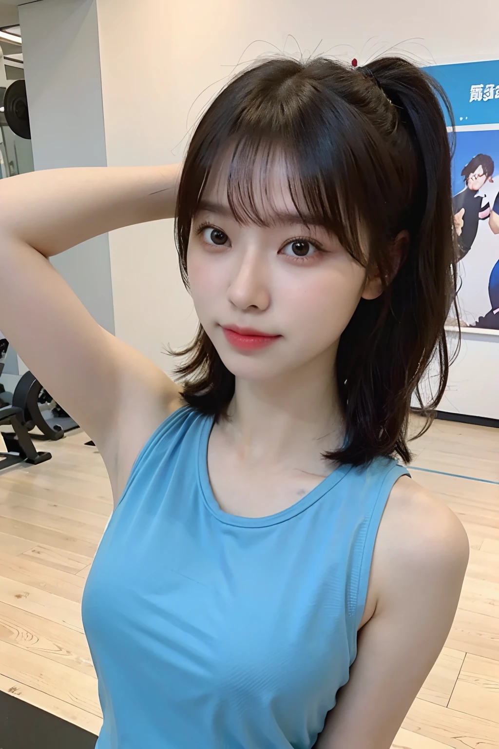 A woman in motion、nice hand、4K、A high resolution、tmasterpiece、top-quality、wear cap:1.3、((hasselblad photograph))、Fine skin、foco nítido、(lighting like a movie)、Soft lighting、dynamic ungle、[:(详细的脸:1.2):0.2]、Medium chest、Sweat runs down the skin:1.2、(((In the gym))) Cute smile　Viewer's perspective　Colossal tits　tying  hair　Sleeveless　Extend your upper arm　Shoulders sticking out　cleanness　Beautiful gym　Yoga Wear