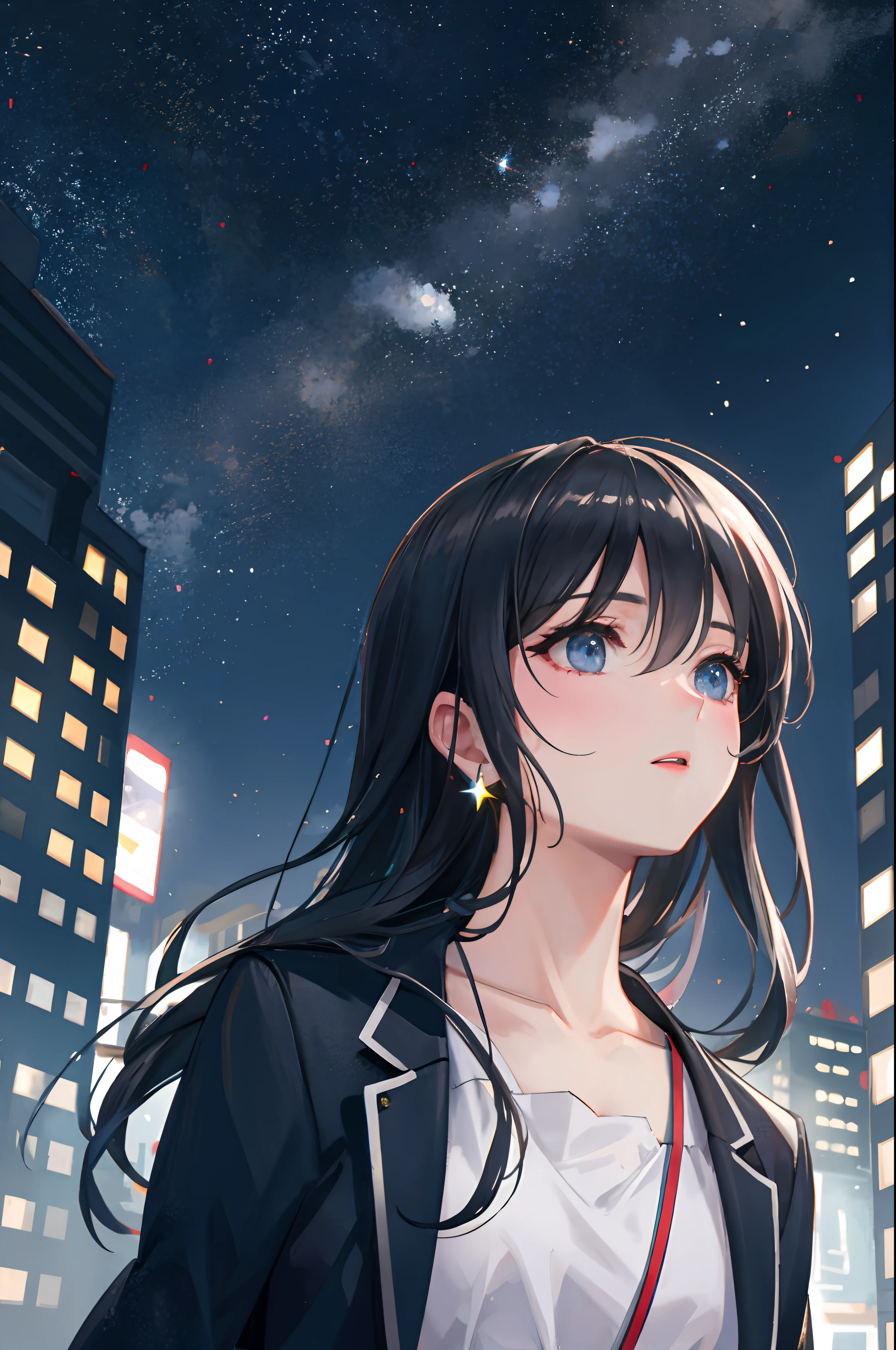 best quality, masterpiece, (photorealistic:1.5)
BREAK
On a starry night, the city is filled with light. Countless stars shine in the sky, and street trees are lit up with illumination.
BREAK
People are captivated by the beauty, looking up at the night sky. The city is lively, with fun music playing and a pleasant night breeze.
BREAK
It is a moment to never forget.