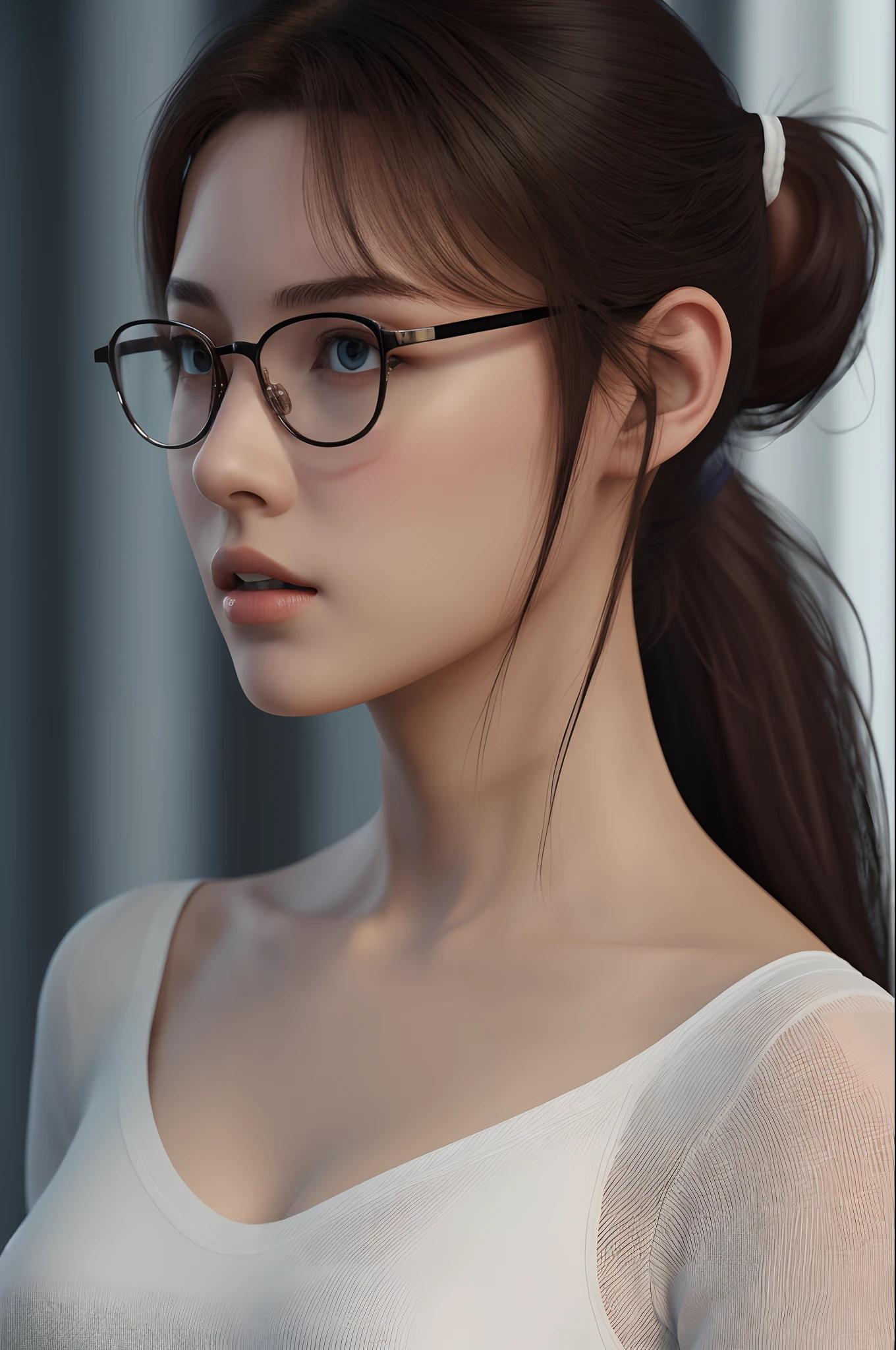 18 yo woman， brunette color hair， High ponytail， thin frame glasses， Thinking face， （Wear a sailor suit、whitestocking，mediuml breasts） cinematric light， realisticlying， tmasterpiece， Best quality at best， Complex CG，Highly detailed face，High detail eyes，