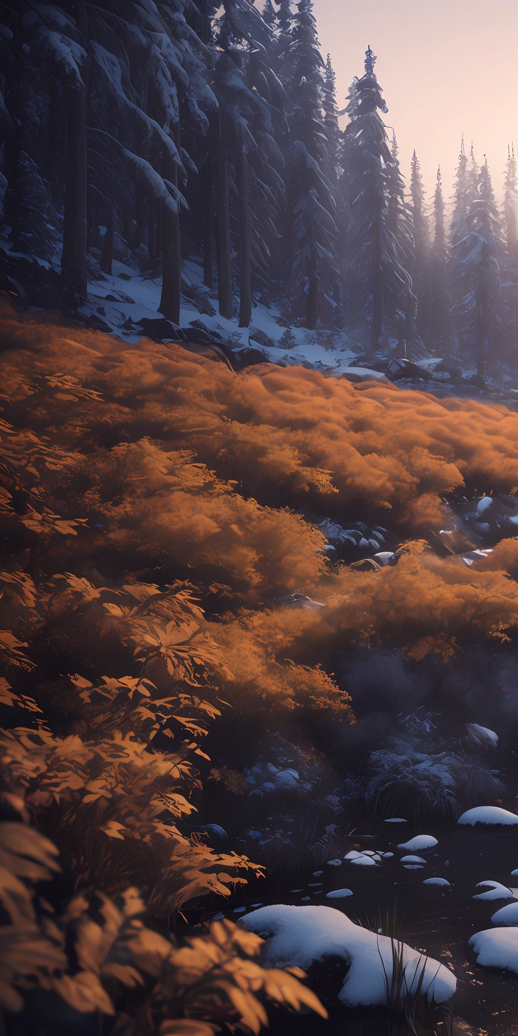 masterpiece, best quality, high quality, extremely detailed CG unity 8k wallpaper, taiga, silence, towering conifers covered with forest floor, harsh cold climate, serene beauty, snow, winter, mild summer, breeze, needles, branches, bokeh, depth fields, HDR, bloom, chromatic aberration, photorealistic, extremely detailed, popular on artstation, popular on CGsociety, complex, high detail, dramatic, art midway