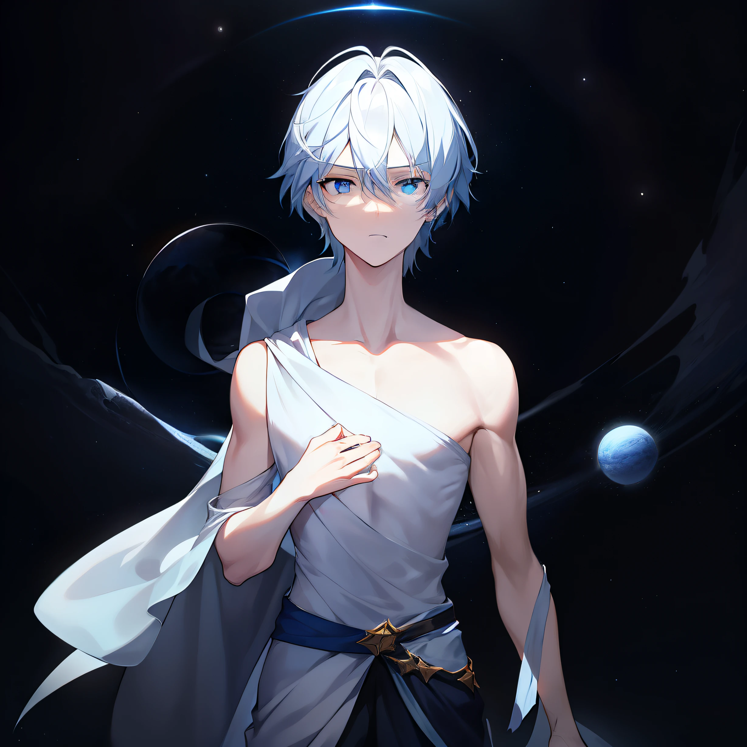 A two-dimensional male,18yr old,effeminate,The upper body is dominant,Blue-white eyes,The eyes were slightly confused,With his head bowed,Short white flowing hair,Hold it in both hands,A planet levitates on the hand,Starry sky in the background,The background is dark,With a sense of mystery