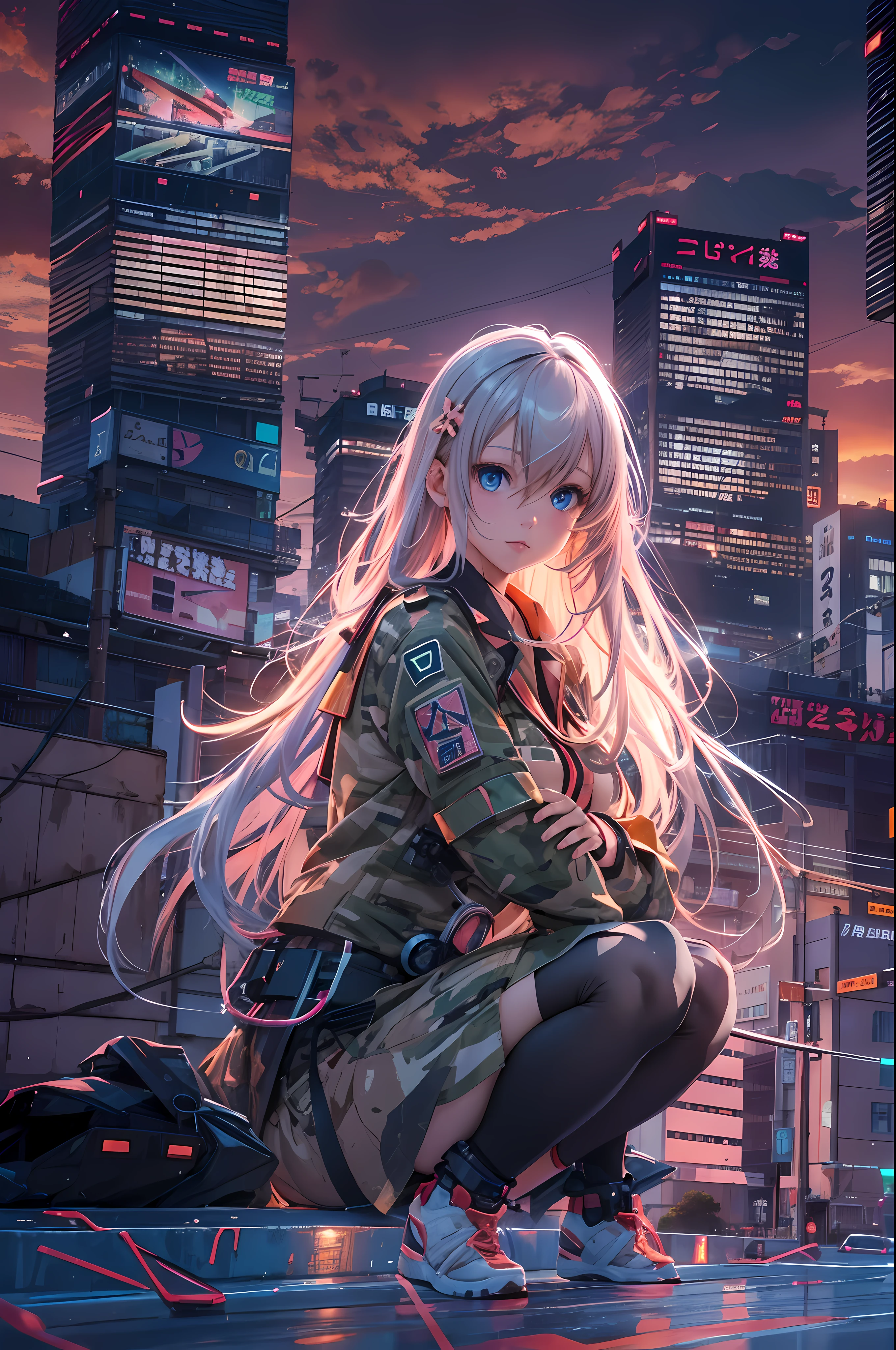 Beautiful sunset over the Tokyo, Camouflage Building, Sand waves, cyberpunked, neon light, Strong shading,masterpiece, best quality, highres, (photo realistic:1.4),1 girl, solo, medium breasts, portrait, (sitting), big blue eyes, school uniform, cute, young, very long hair, hair ornament, professional lighting, (18 years old),