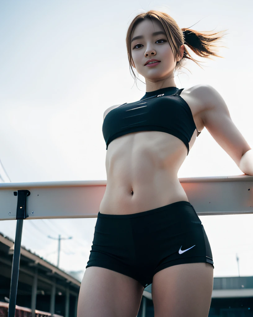 zydG, ((cowboy shot)),((from below)), 1girls, Front view, stand, looking the viewer, exposed skin, (from below),brown-eyed, (blonde very short hair:1.2), (light hair), (medium breasts:1.4), smile with white teeth, (photorealestic:1.4), (Top image quality:1.0), (UltraHighResolution:1.0), 8K, Raw photography, (A masterpice:0.2), track and field uniforms, show abs, (sweat, wetty:1.1), portlate, facefocus, ful body,(pureerosface_v1:0.5), outdoor, track and field,