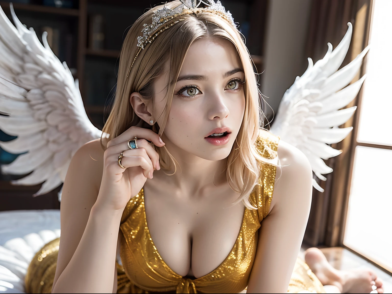 Ultra-detailed complex 3D rendering of the face, (Colossal: 8.8), (masterpiece, top quality, octane rendering, 8K), glamour shot full body image, cleavage, (highly detailed skin: 1.2), (exposure: 1.1), (blonde), (wearing a plummet tank top of gold silk: 1.5)), blonde hair, beautiful Caucasian woman with full soft breasts and white skin, one with big ass, long braided hair, big breasts, dynamic angle, mystical expression, ultra-realistic photography, (((((portrait))), bare feet, futuristic city background, facial muscles, detailed and beautiful queen tiara, in the style of Marvel Comics, clear focus, studio photography, intricate details, highly detailed, detailed yellow eyes, sharp focus, digital rendering, professional, abs, ((((sexy pose))), natural jungle, open mouth lightly, mansle, open crotch, seductive look, angel ring, detailed angel wings, angel ring, detailed mouth inside,