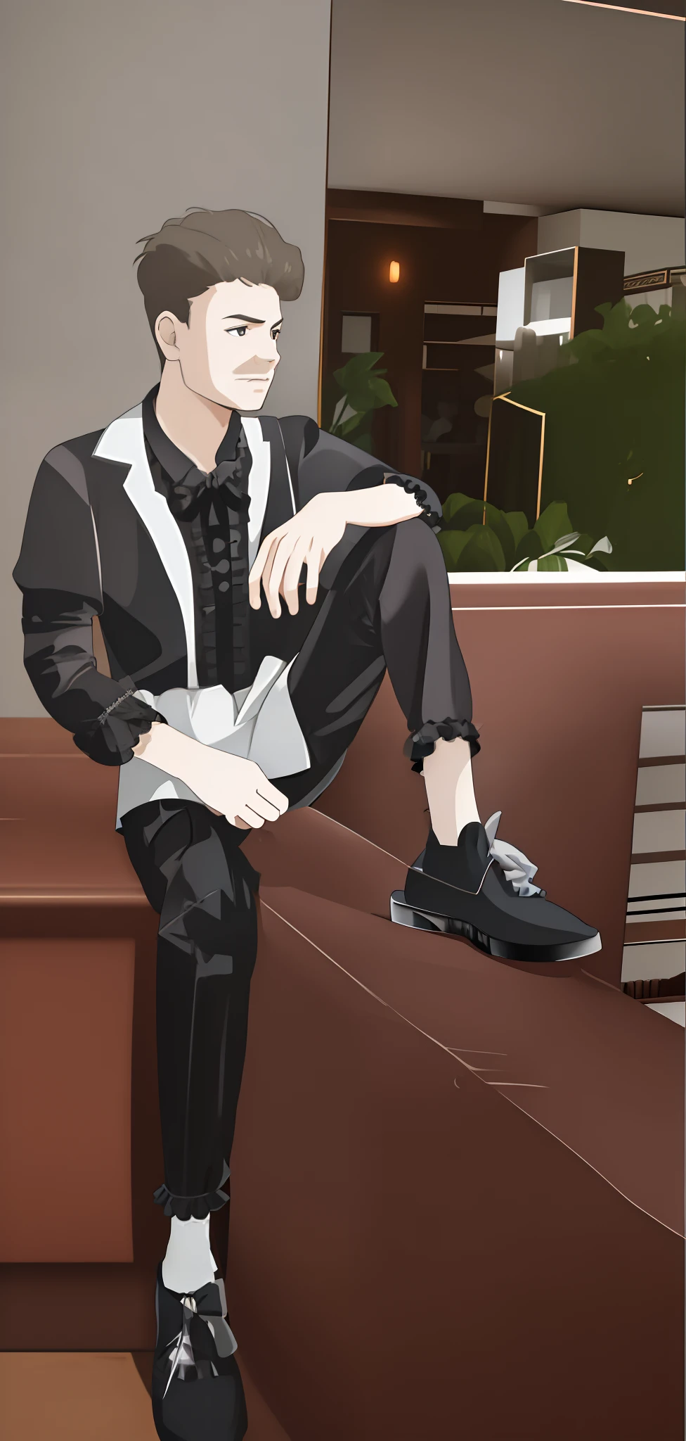 1boy,frill gothic lolita, dress, (lace:1.4),dynamic pose,(face close up:0.9),indoors,plants,