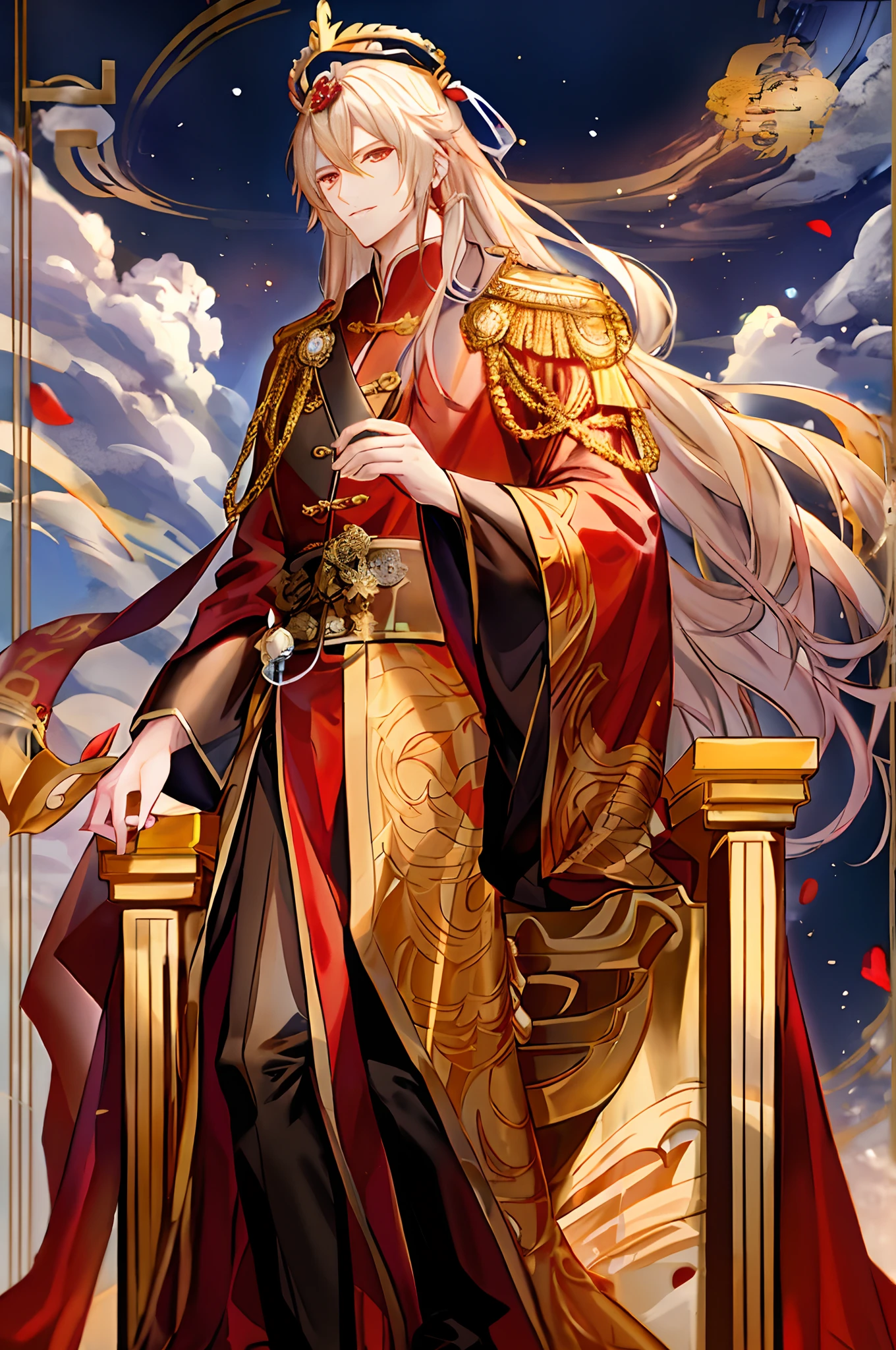 arafed image of a man sitting on a throne with a golden crown, by Yang J, g liulian art style, heise jinyao, the god emperor of mankind, wearing gilded red robes, beautiful male god of death, inspired by Guan Daosheng, inspired by Zhang Sengyao, inspired by Huang Shen