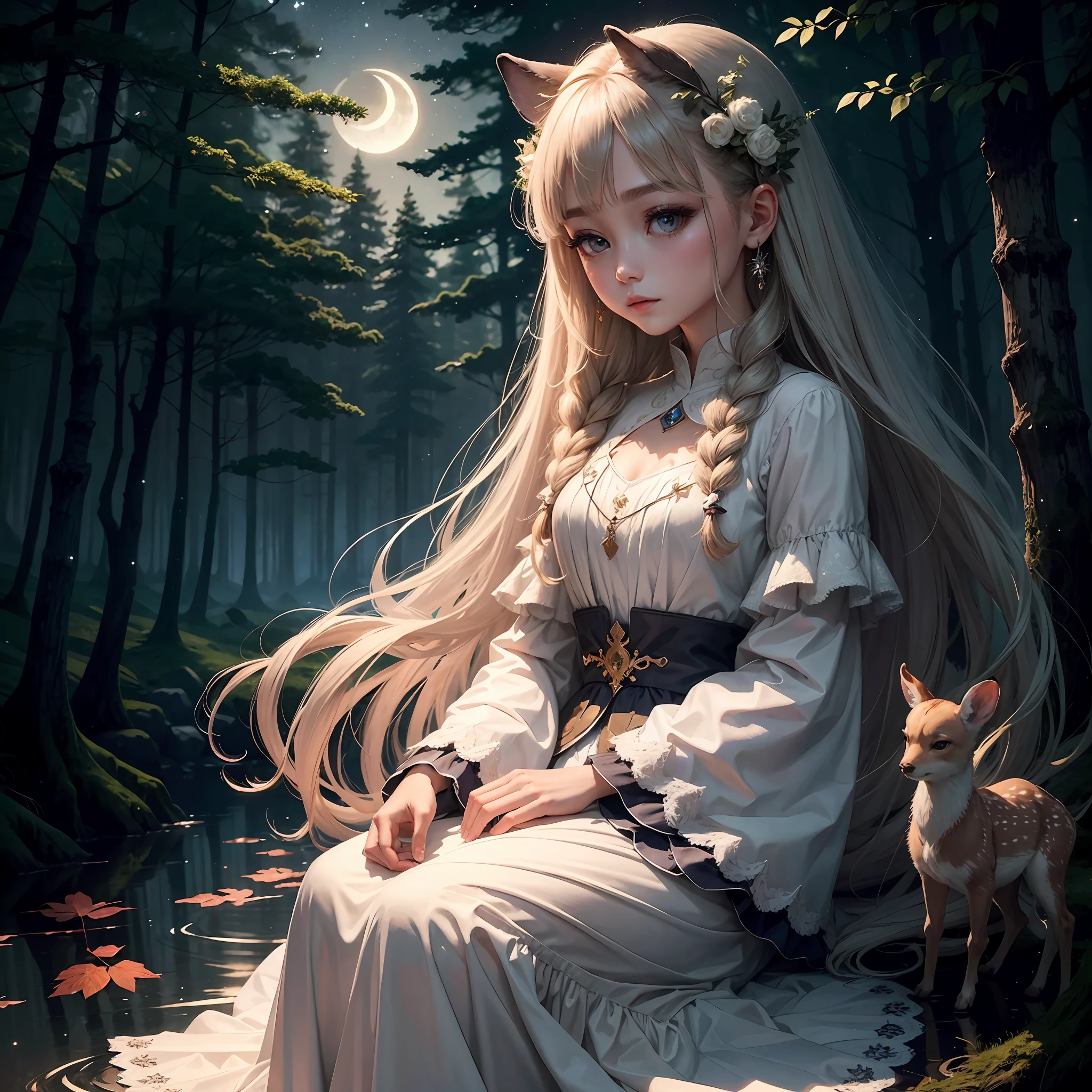the night，moon full，the woods，treetop，fawn，Water，Sparkling，one-girl，Beautiful and moving，long whitr hair，Beautiful and exquisite clothes and jewelry。