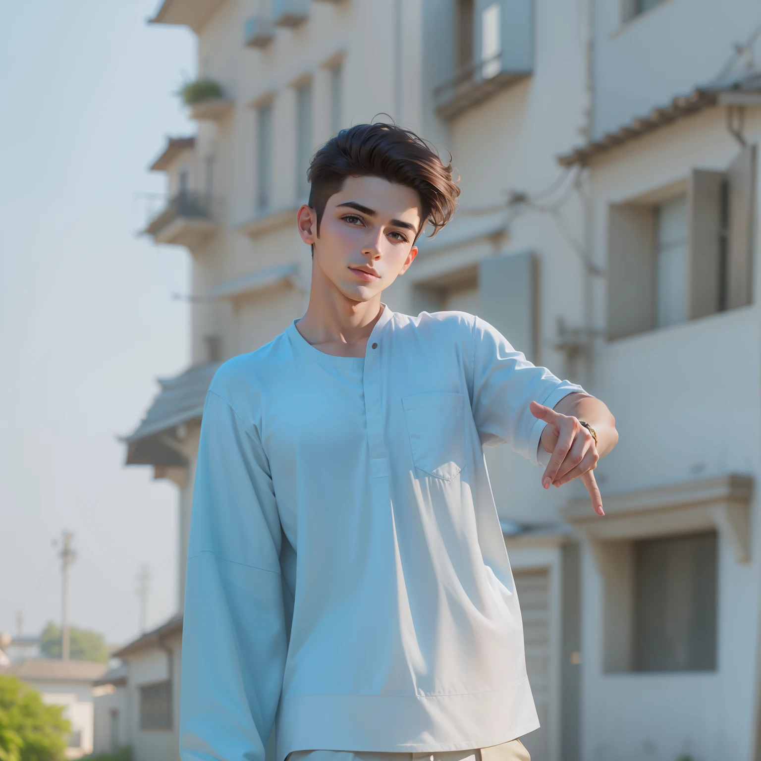 Change background cenamatic cute hairstyle handsome boy realistic realistic front light utra realistic