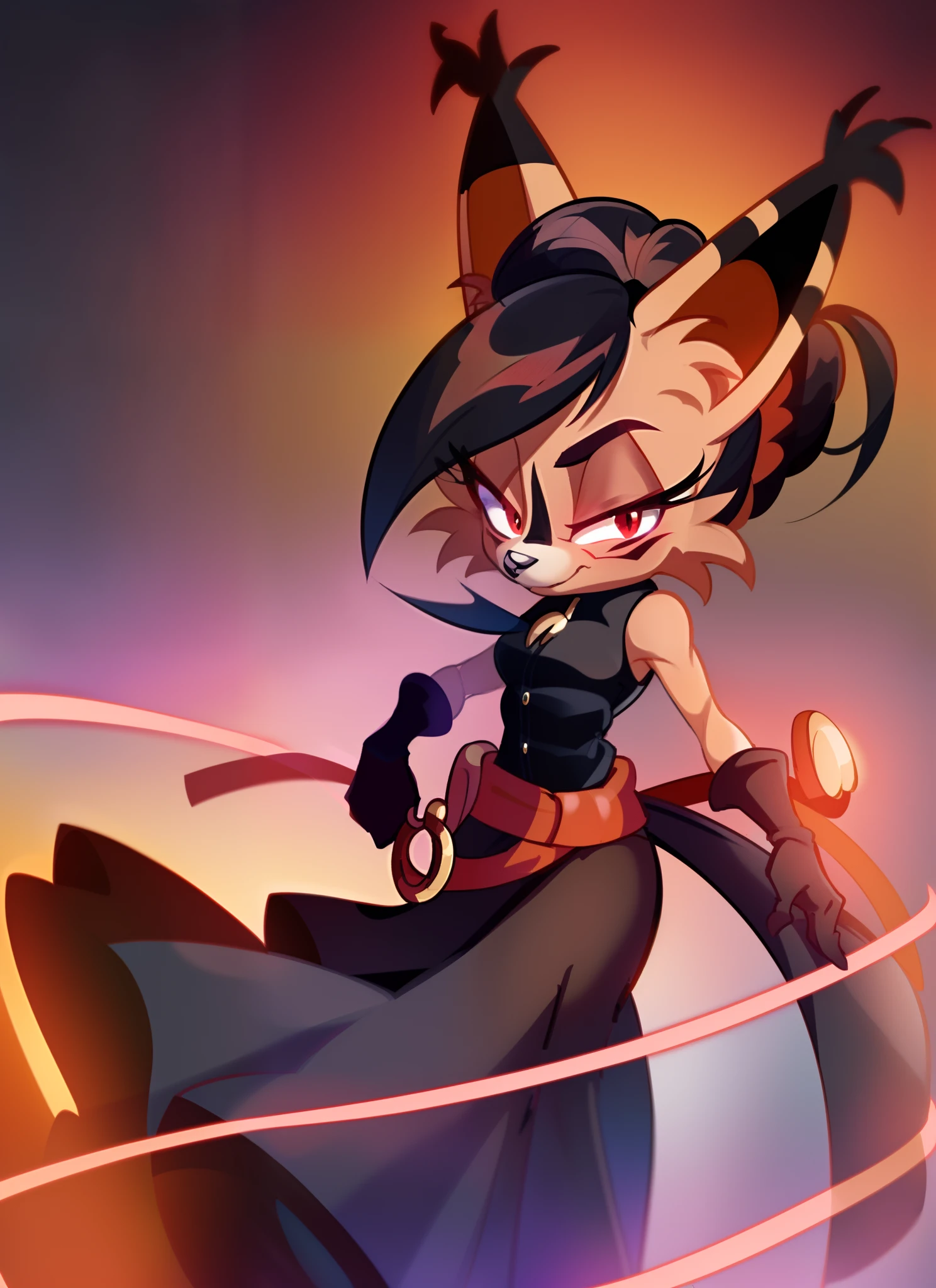 nicolethelynx, ironnichole (best quality, masterpiece:1), furry female anthro, short hair, red eyes, hair bun, (hair stick:1.2), (irondress, black sleeveless shirt, long striped  skirt, red belt:1.2), standing, looking at viewer, grin, (digital abstract background:1.2),