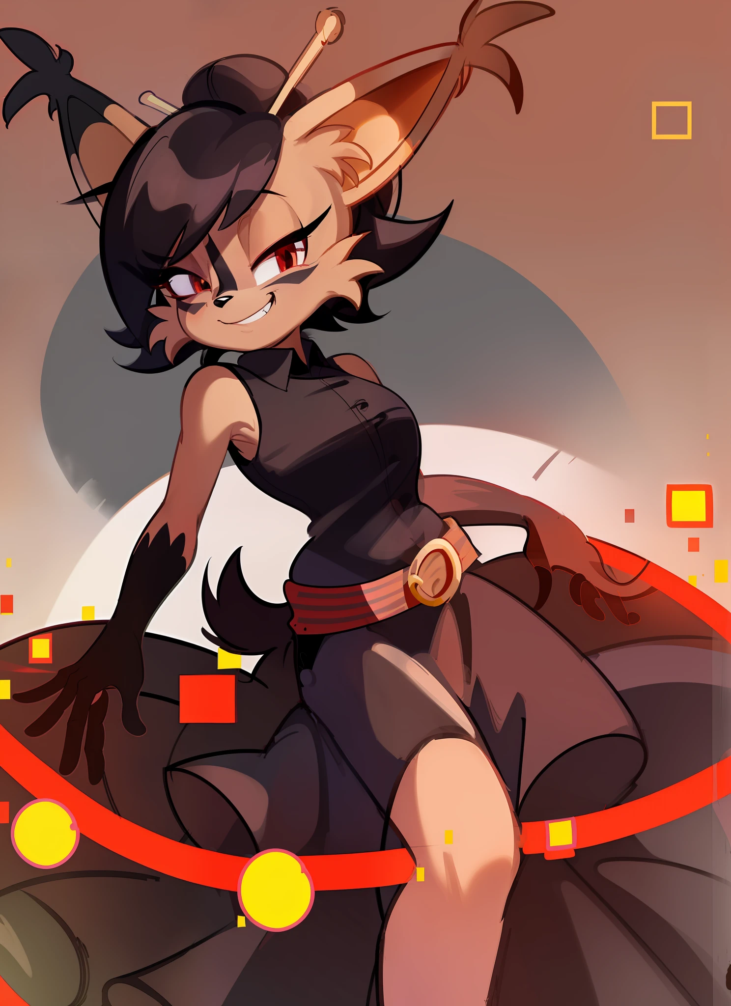 nicolethelynx, ironnichole (best quality, masterpiece:1), furry female anthro, short hair, red eyes, hair bun, (hair stick:1.2), (irondress, black sleeveless shirt, long striped  skirt, red belt:1.2), standing, looking at viewer, grin, (digital abstract background:1.2),