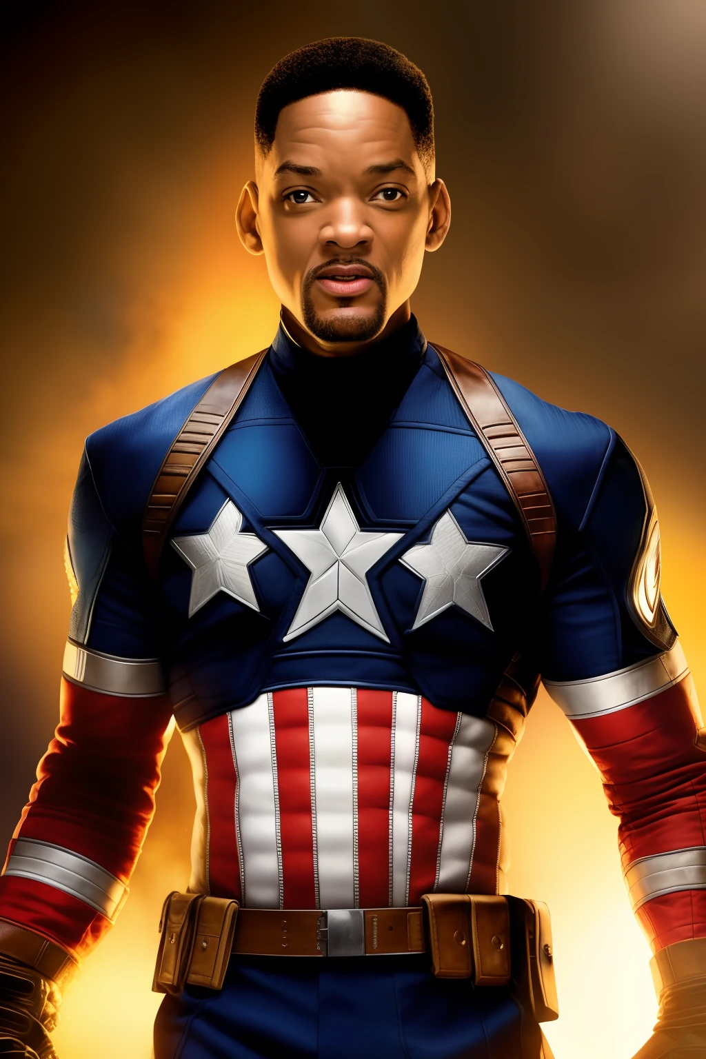 Tarantino style, Will Smith as Captain America 8k, high definition, detailed face, detailed face, detailed eyes, detailed suit, in style of marvel and dc, hyper-realistic, + cinematic shot + dynamic composition, incredibly detailed, sharpen, details + superb details + evening with light + perfectionism + award winning realism ((moody lighting)),(upper body)