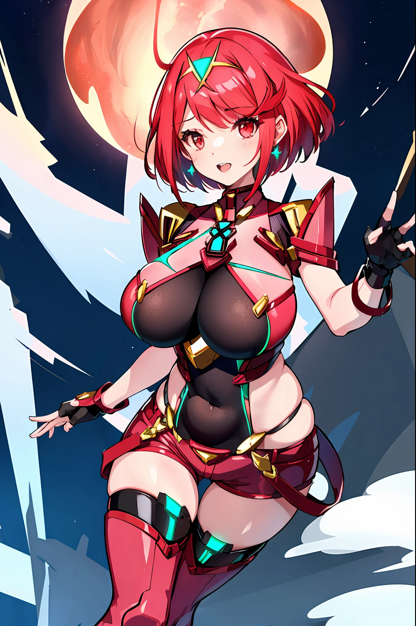 pyra \(xenoblade\), _1girl, armor, bangs, black gloves, breasts, red eyes, closed mouth, earrings, eyelashes, fingerless gloves, floating hair, framed breasts, gem, gloves, hair ornament, headpiece, jewelry, big_breasts, leaning back, leotard, neon trim, official art, pose, red hair, red shorts, saitou masatsugu, short hair, short shorts, short sleeves, shorts, sidelocks, skin tight, solo, standing, swept bangs, thighhighs, tiara, night_prairie_background, turtleneck, underbust, vambraces, xenoblade chronicles \(series\), (xenoblade chronicles 2), apart_legs, fire_effect,dynamic_pose_fighting,light_smile, (plump:1.1), big_ass,huge_sword, hold_large_sword_hilt, solo, covered_nipples, covered_pussy,open_mouth,back_view,