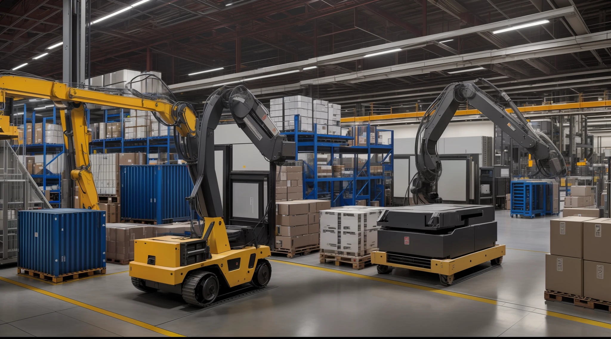 (8k, RAW photo, best quality, masterpiece:1.2), (realistic, photo-realistic:1.37) A photo of robots in a manufacturing or logistics setting, illustrating automation's role in industry and the future of work.