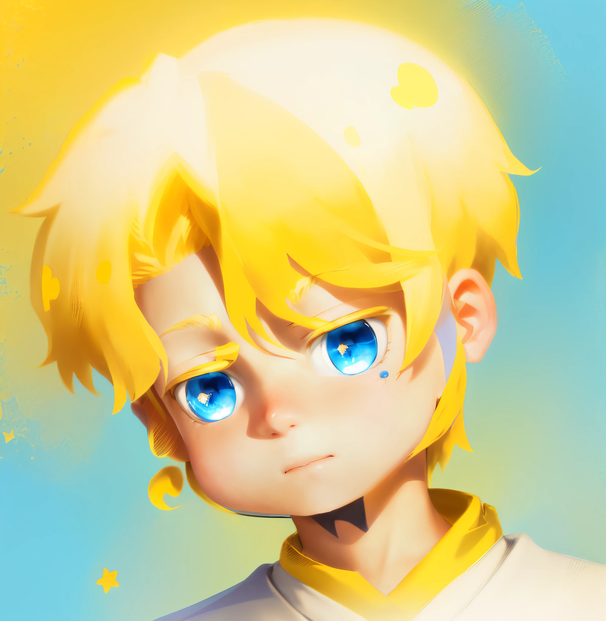 A caricature of a boy with blue eyes and yellow hair, blonde boy with yellow eyes, avatar with a blond hair, blond boy, Sanji, Little blonde, tchibi, portrait of magical blond prince, anime style character, orange - haired anime boy, Cute:2, genos, Yellow hair, blond hair blue eyes, male anime character