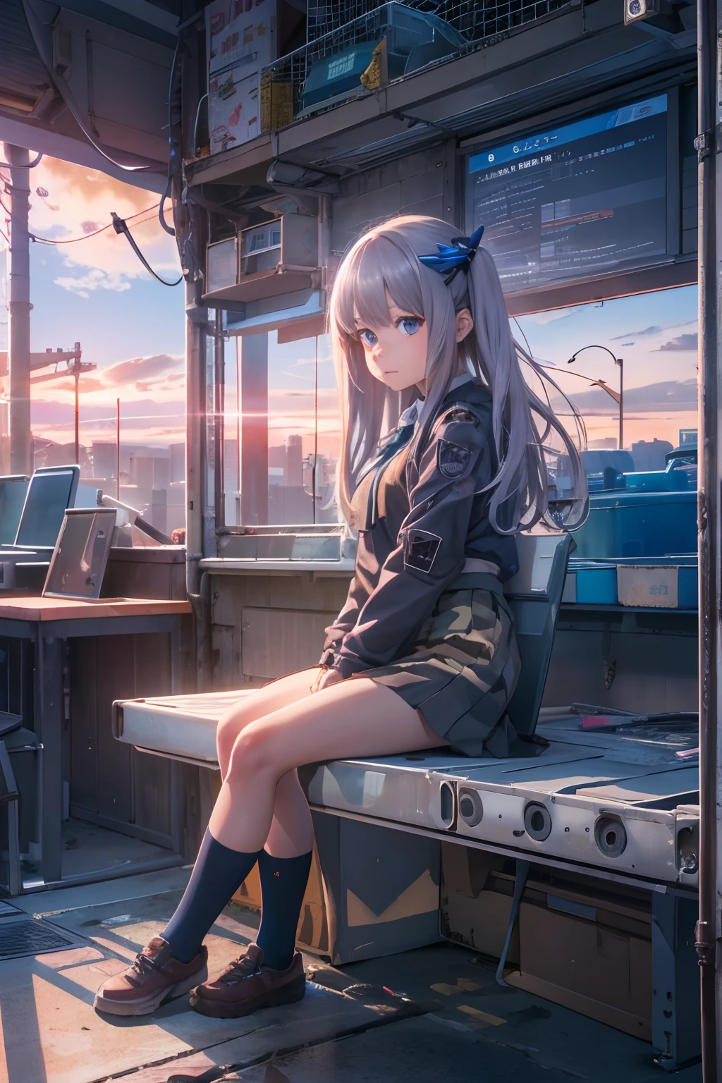 Beautiful sunset over the Tokyo, Camouflage Building, Sand waves, cyberpunked, neon light, Strong shading,masterpiece, best quality, highres, (photo realistic:1.4),1 girl, solo, medium breasts, portrait, (sitting), big blue eyes, school uniform, cute, young, very long hair, hair ornament, professional lighting, (18 years old),