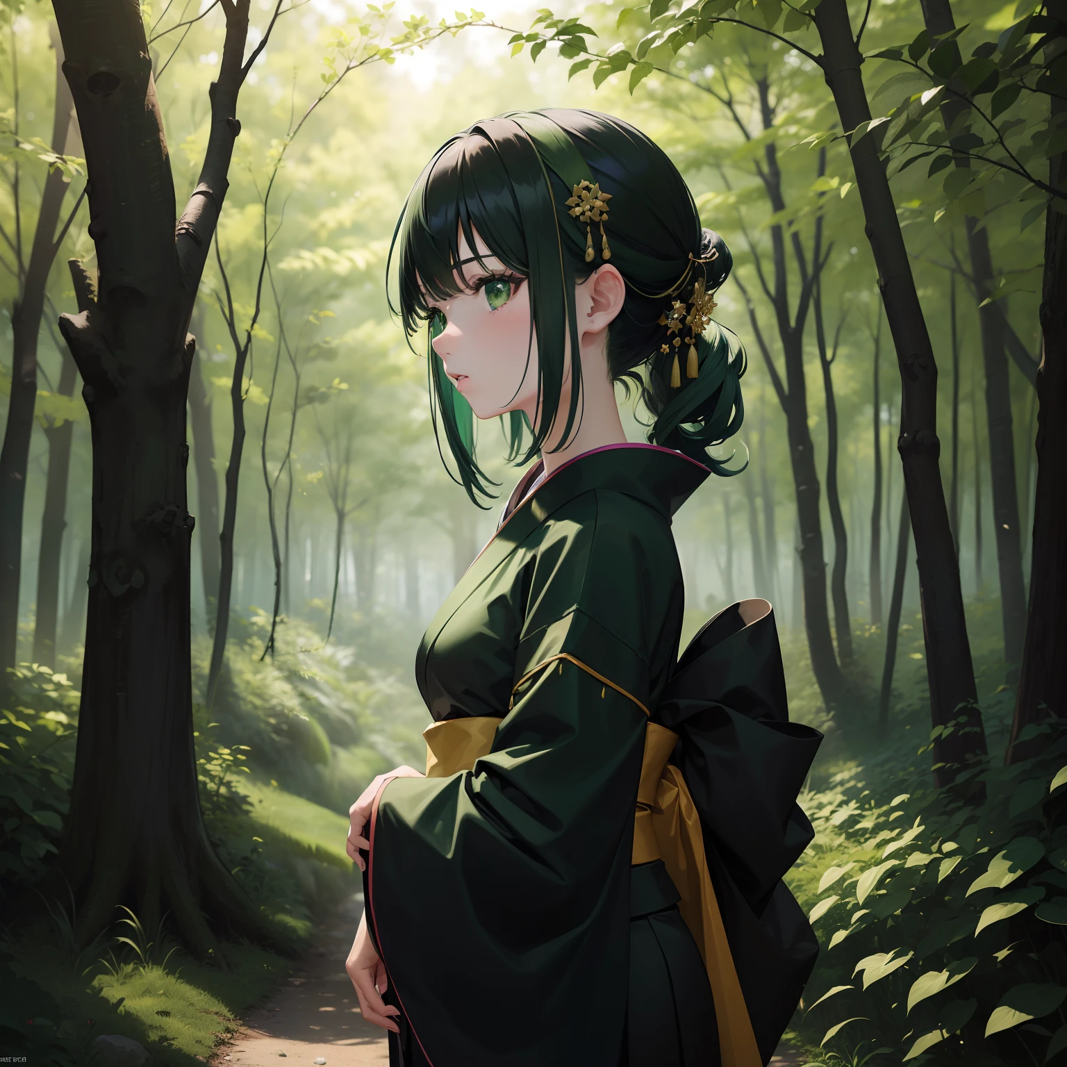 (Beautifully Aesthetic:1.2)、(1girl in:1.3)、(Black and green colorful hair:1.2)、colorful forest、in woods、Wearing a colorful kimono in green and black、