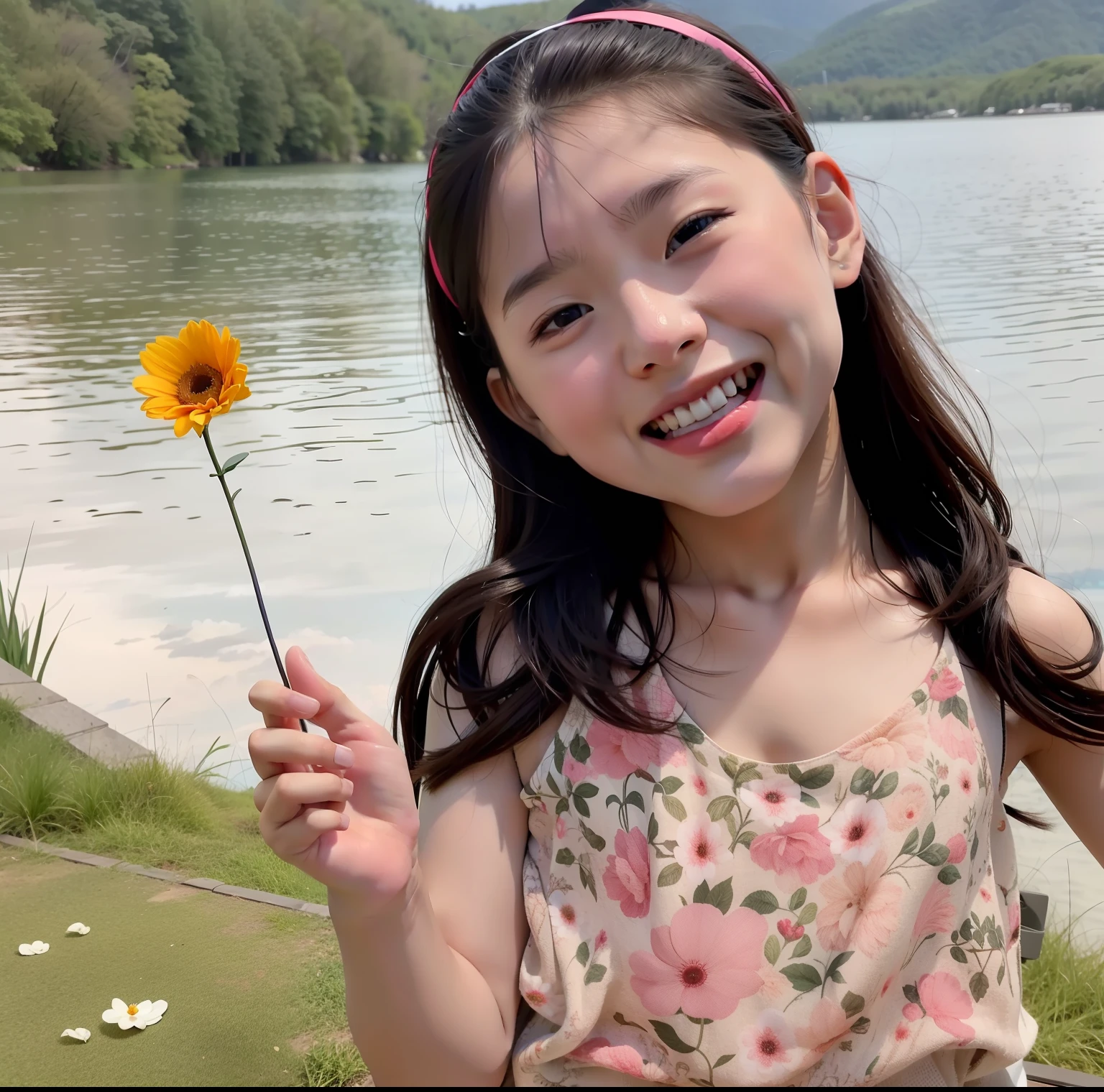 The Arafeld boy holds a flower in front of the lake, jaeyeon nam, Shin Jinying, Holding a flower,