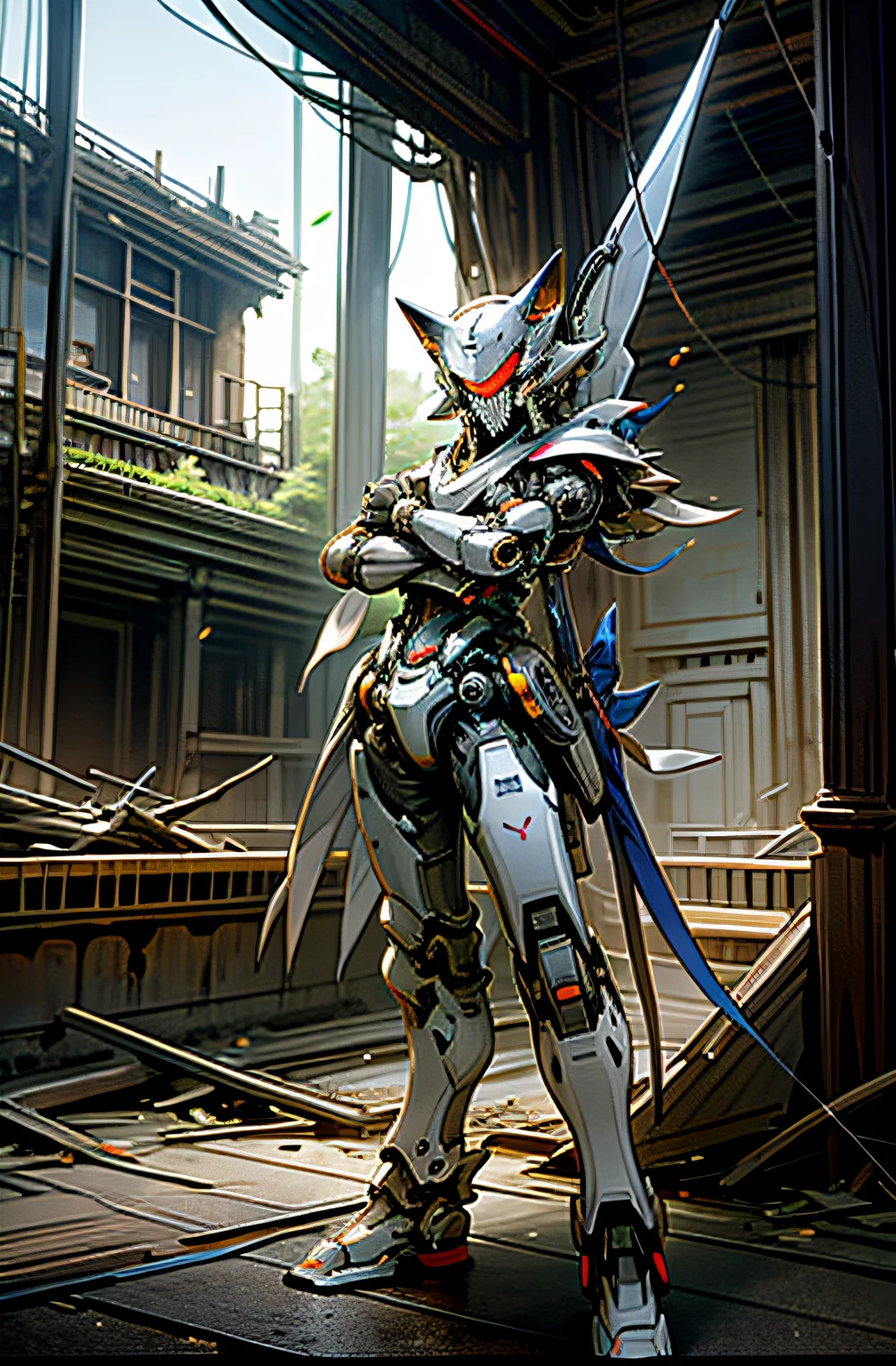 A humanoid standing white mech resembles a cat,Holding a bow and arrow in a ruin