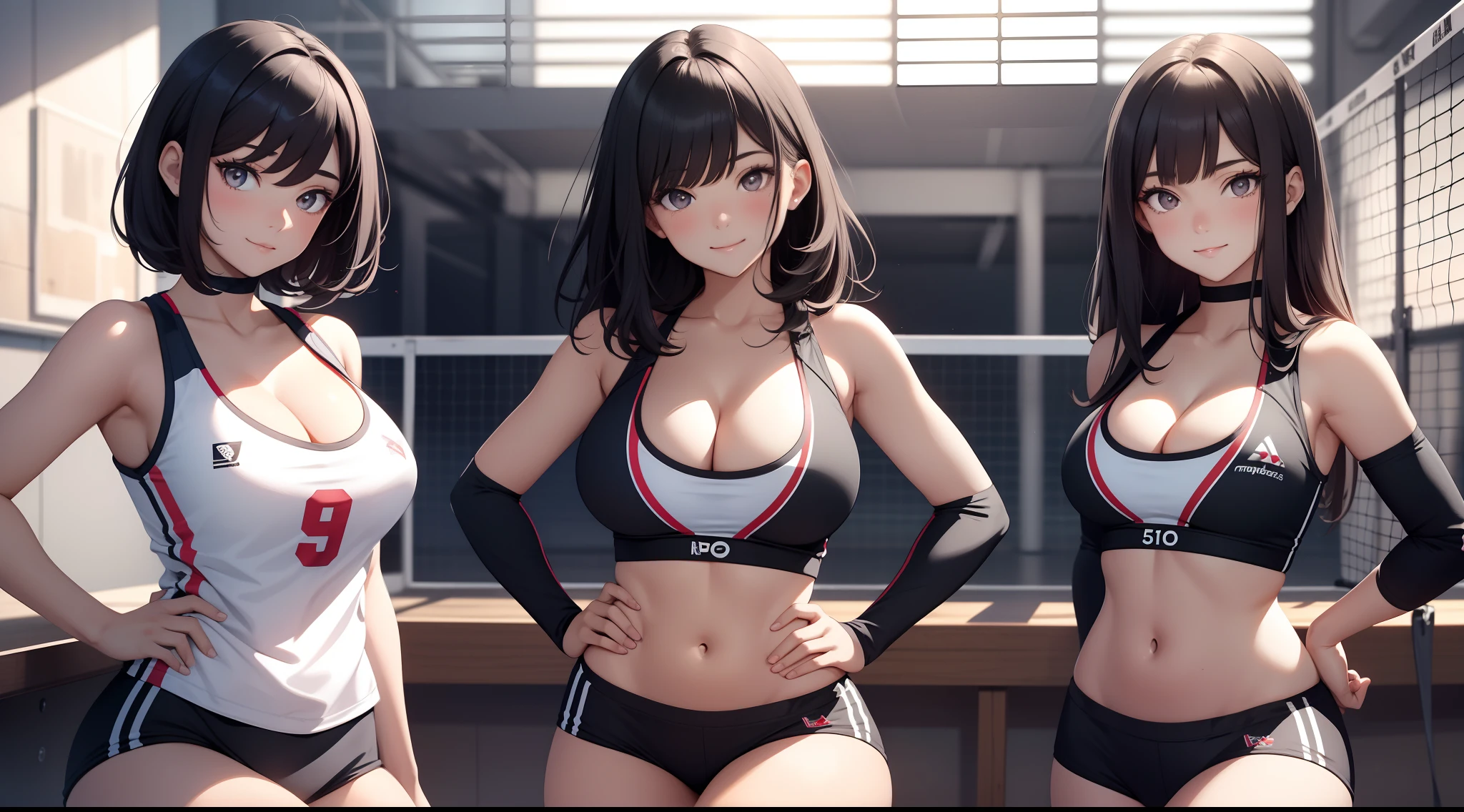 (Best quality:1.1), (Masterpiece:1.2), 5 girls,track suit,are standing,Highqualityshadow, Beautiful detailed, Beautiful face, Detailed eyes,Depth of field, A high resolution, Best shadow, Best illumination, Kizi, view the viewer, (Five-color hair:1.3),Brush cut,extra very short hair, Blunt bangs, Long hair, Black eyes, Shy, Large breasts, Miniskirt, Volleyball hall,inside in room,Exercise posture, Sunburn,Boo marker,cleavage,looks into camera,ssmile,closeup cleavage,Superskirt