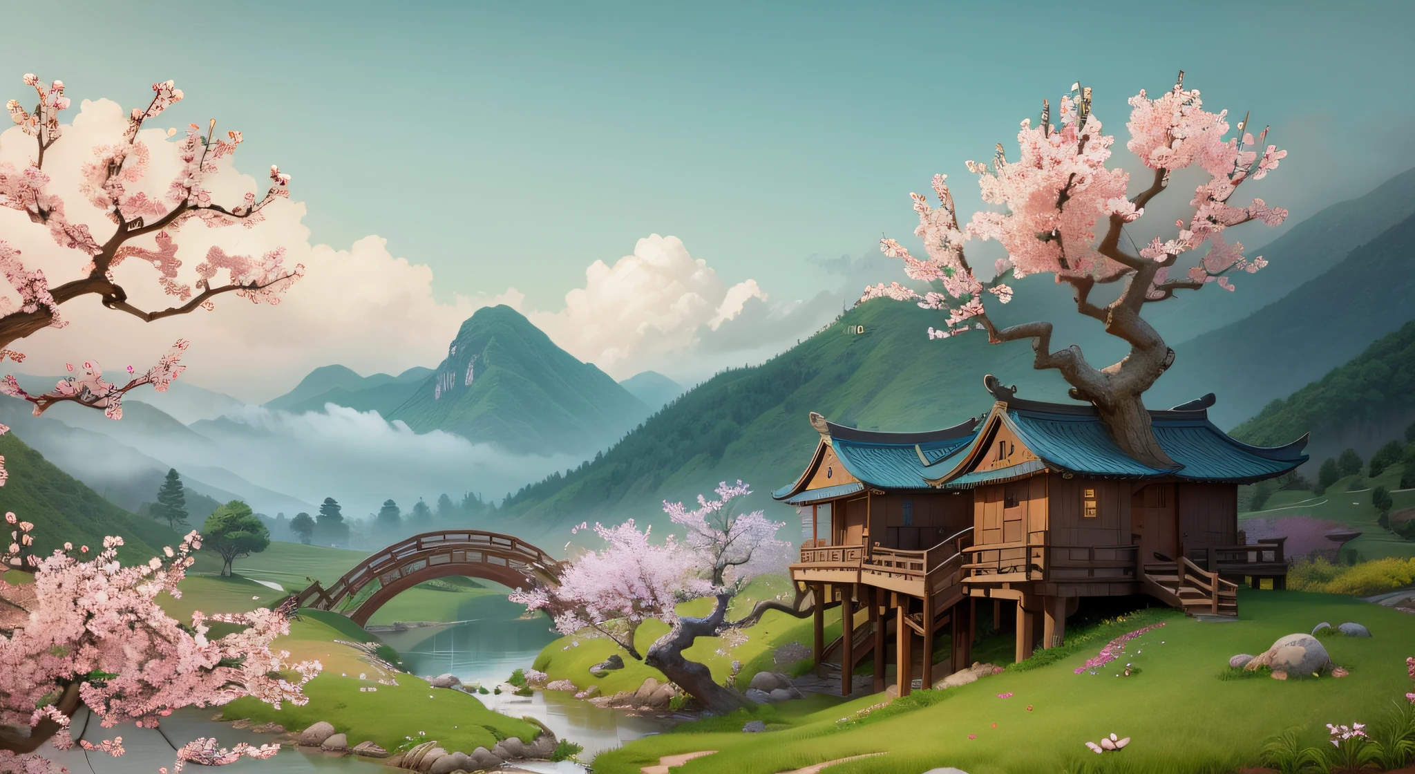 Painting houses in fields with trees and rivers, Cinematic lighting，Peach blossom tree：1.5, wood bridges,tree house,lawns，Matte painting by Leng Mei, Trend of CGsociety, dreamlike realism, Chinese landscape, Rustic, very beautiful scenery, peaceful landscape, Beautiful landscape, scenery wallpaper, Beautiful scenery, very very beautiful scenery, Landscape scenery, Beautiful wallpaper, Chinese village, lindo cenario