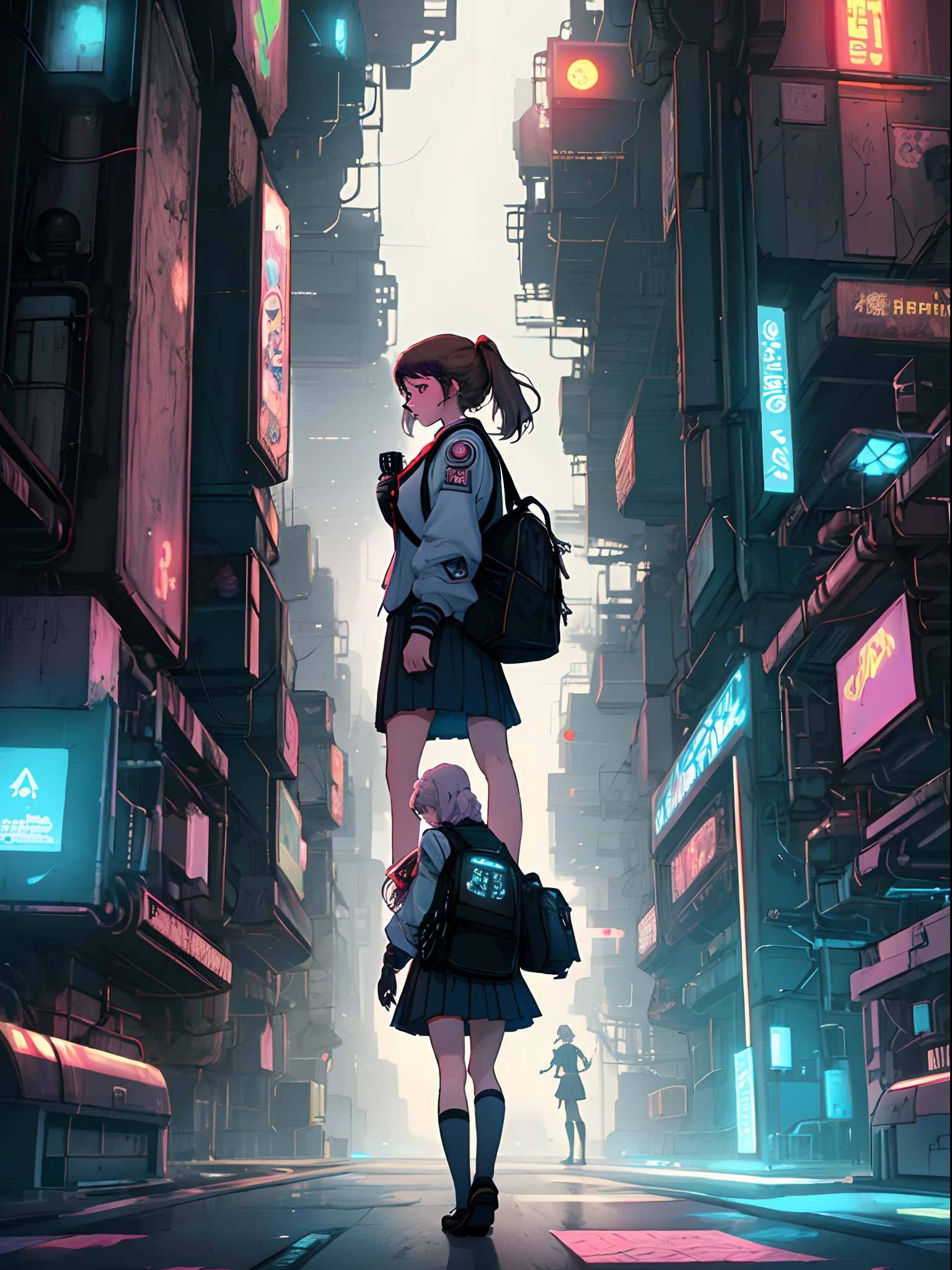 quadratic element，schoolgirls，whaite hair，cyber punk perssonage