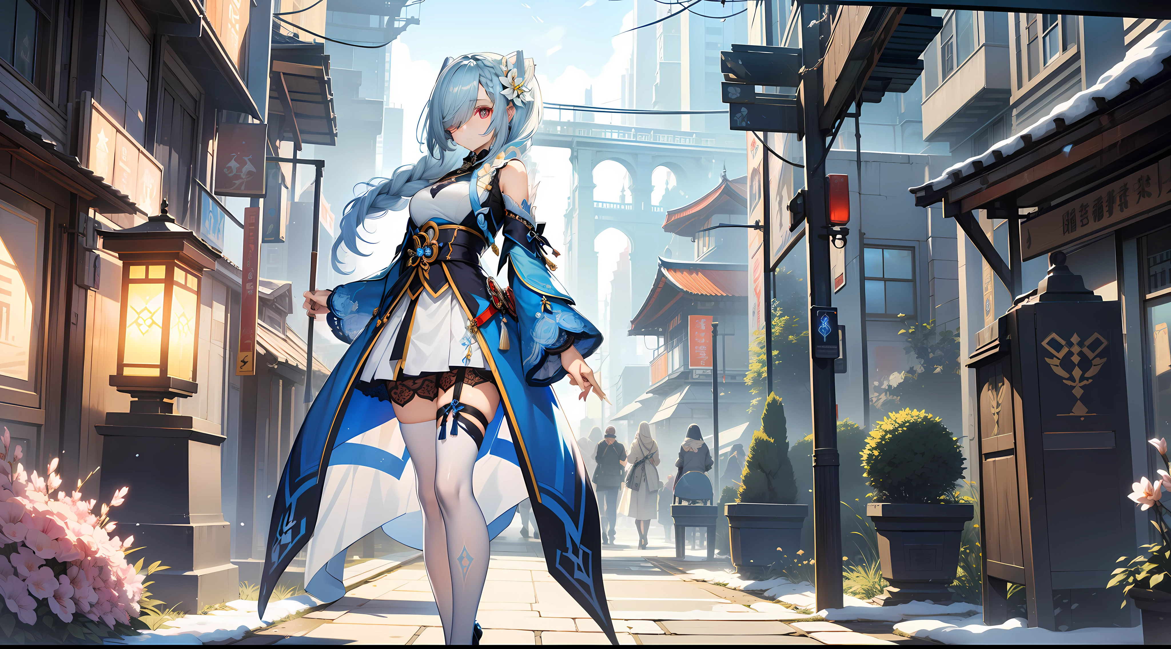 Masterpiece, best quality, super detailed, high resolution), perfect face, side light, shiny skin, standing, white lace, blue theme, fantasy, bikini, lace, white stockings, ((lace trim)), ((string biniki), (bloom), (shine), lighting, ray tracing, ((science_fiction)), outdoor, depth_of_field, Night, winter, shenhe \(genshin impact\), silver eyes, hair over one eye, (hair ornament), chest curtain, high heels, long hair, braids, normal five fingers without extra focal length 1:1