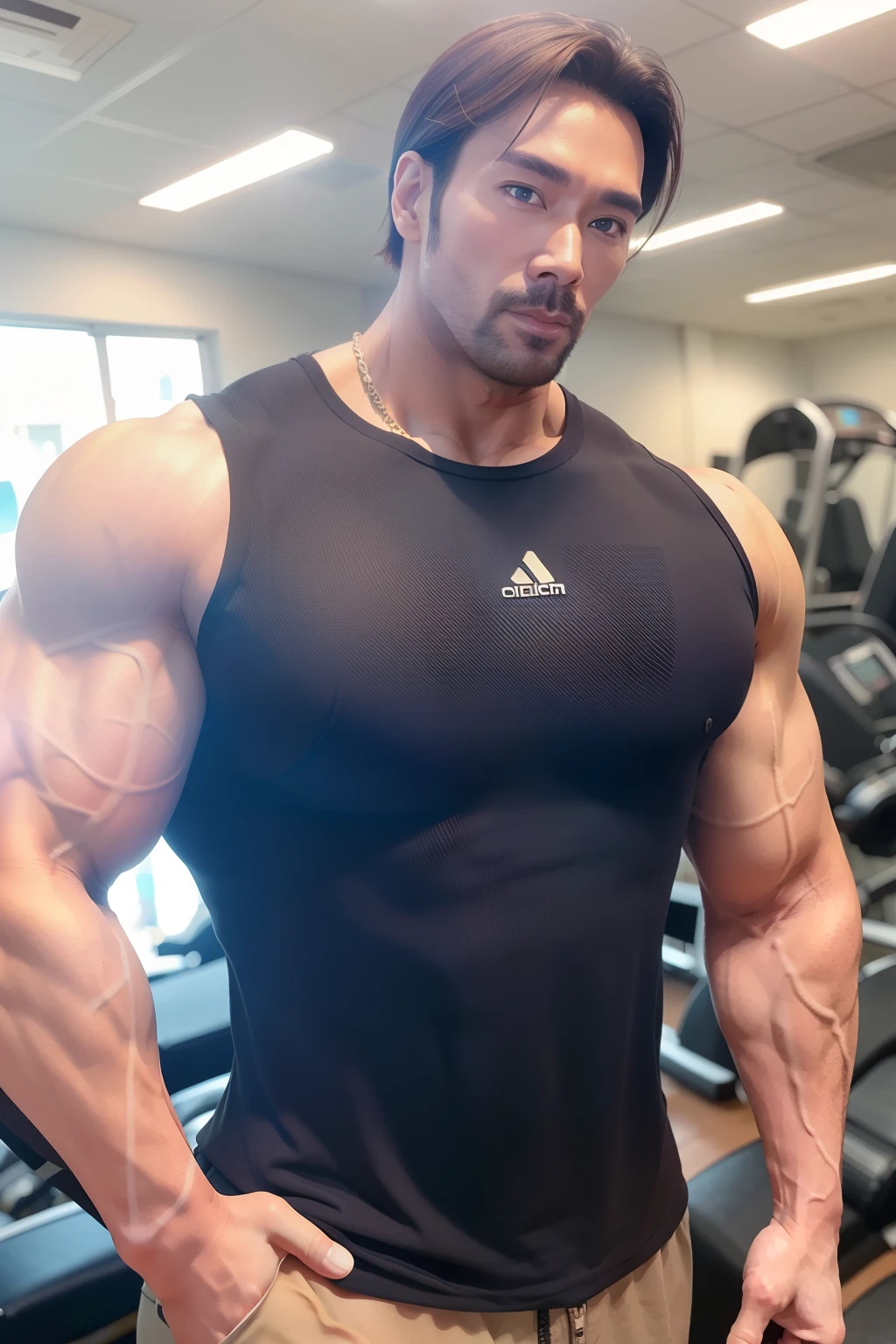 独奏， looking at viewert， short detailed hair，  Keep one's mouth shut， The upper part of the body， malefocus，，musculous， background of a gym， black tanktop， chest muscle， big muscular male， Bala， large pecs， Mature male， Realistis