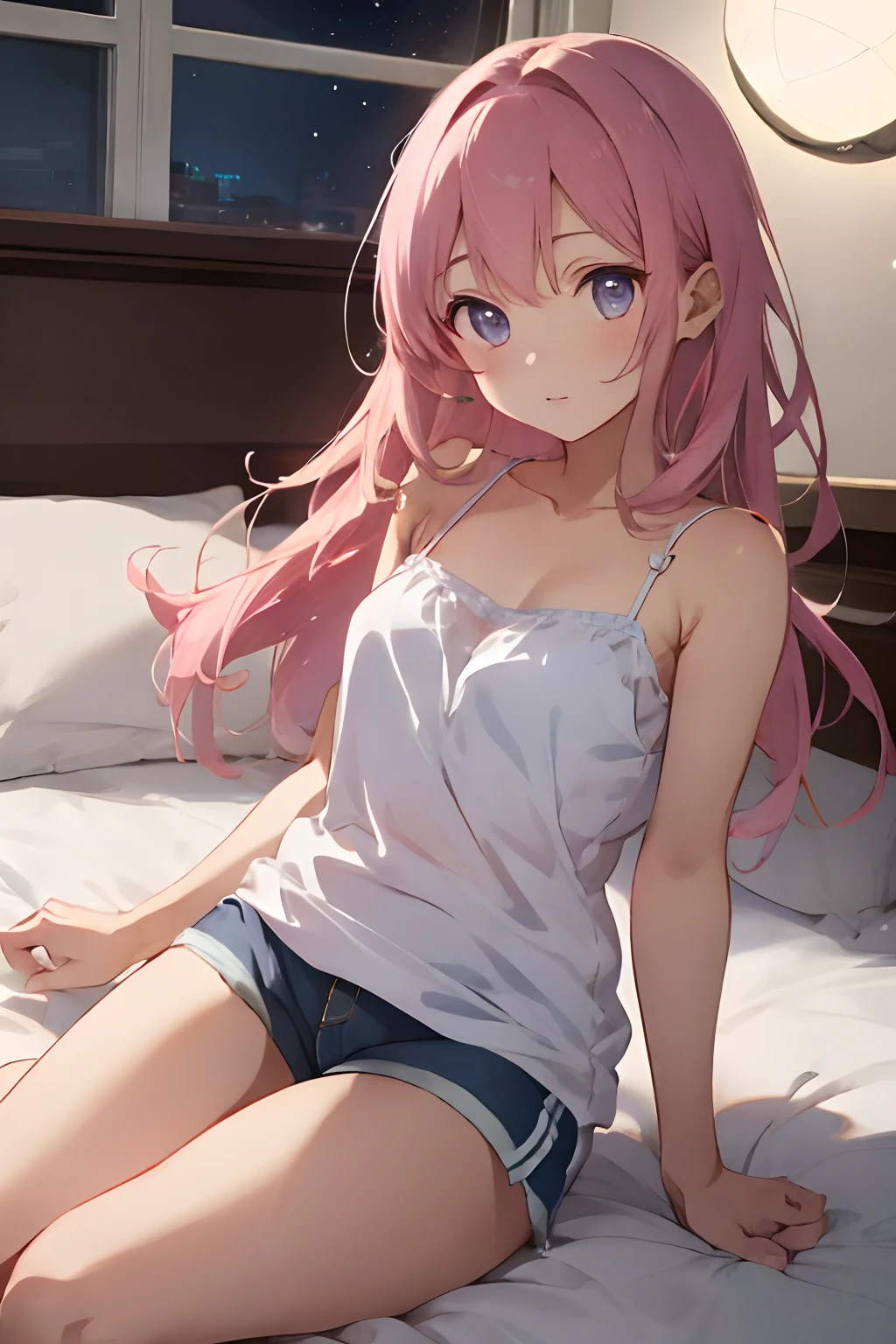 ((​masterpiece))、((top-quality)、(The ultra-detailliert)、8k、Delicate depictions are filmed in anime style。BREAK, 1girl in, White camisole and pink shorts, Pink Long Hair, BREAK, bed, ((natta)),  a moon,