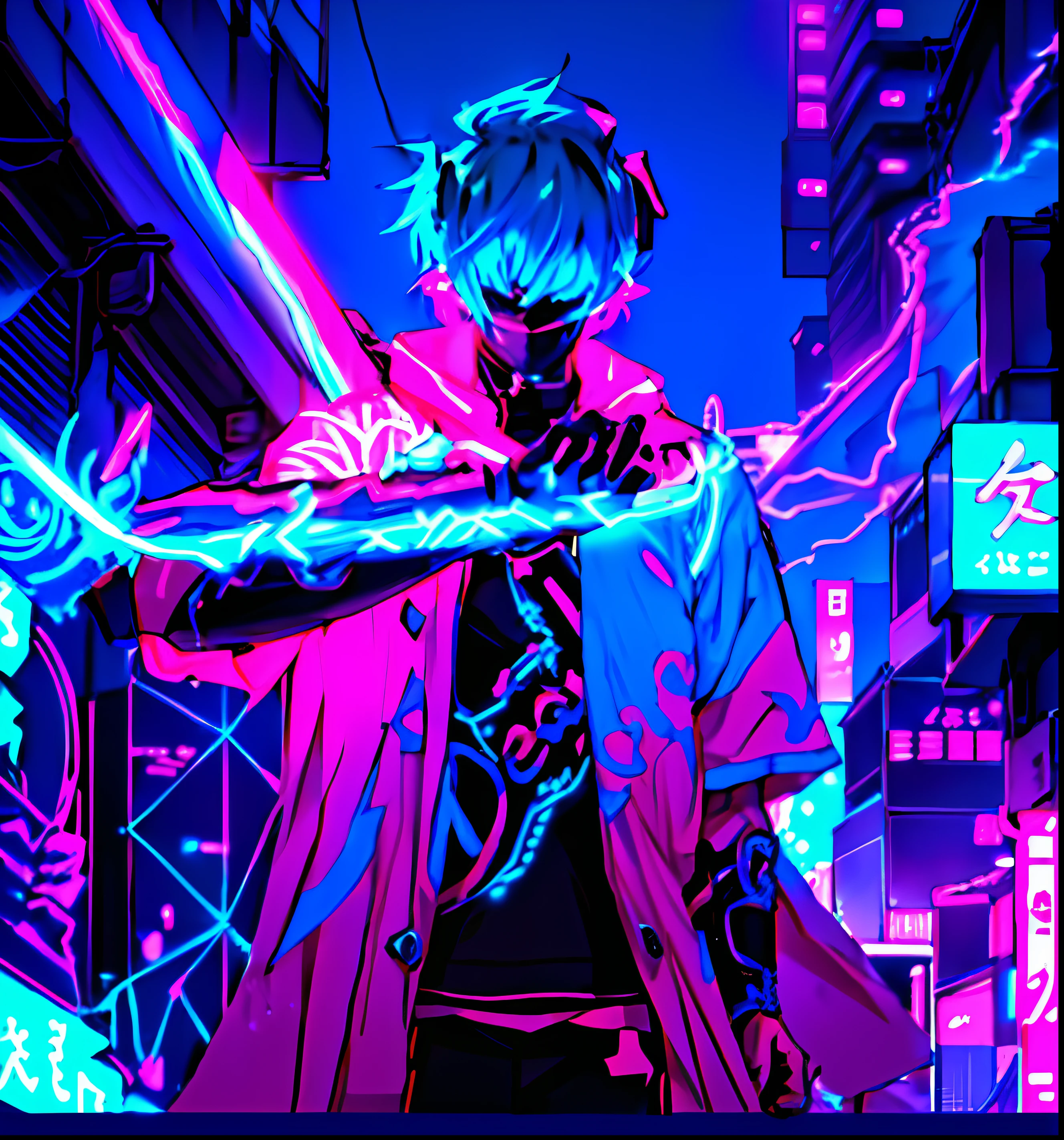 Anime guy with neon hair and horns holding a sword in front of the city, Neon Samurai, hero pose colorful city lighting, an epic anime of a energy man, trigger anime artstyle, neonpunk, stylized neon, profile picture 1024px, Neon city in the background, neon glow concept art, neon noir, screenshot from the anime film