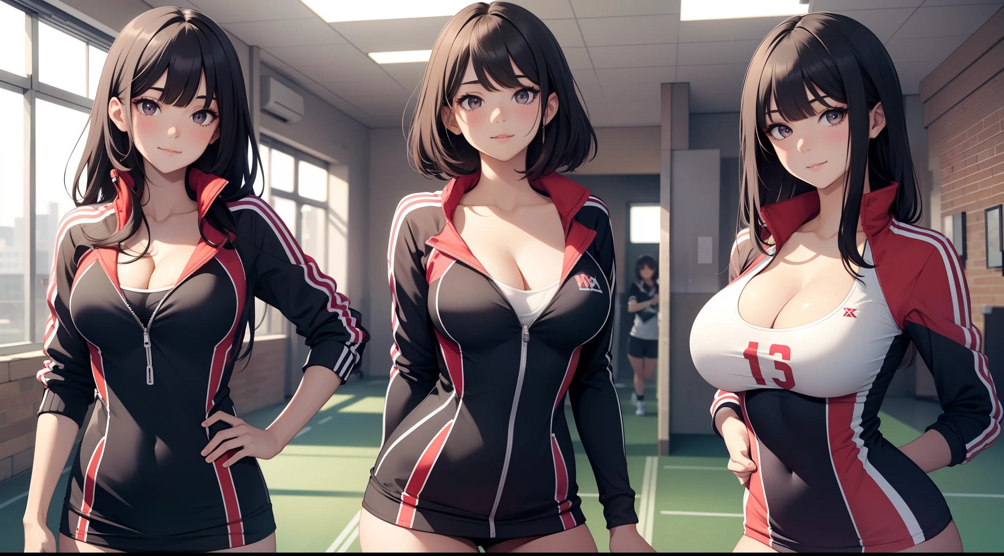 (Best quality:1.1), (Masterpiece:1.2), 5 girls,track suit,are standing,Highqualityshadow, Beautiful detailed, Beautiful face, Detailed eyes,Depth of field, A high resolution, Best shadow, Best illumination, Kizi, view the viewer, (Five-color hair:1.3),Brush cut,extra very short hair, Blunt bangs, Long hair, Black eyes, Shy, Large breasts, Miniskirt, Volleyball hall,inside in room,Exercise posture, Sunburn,Boo marker,cleavage,looks into camera,ssmile,closeup cleavage,Superskirt