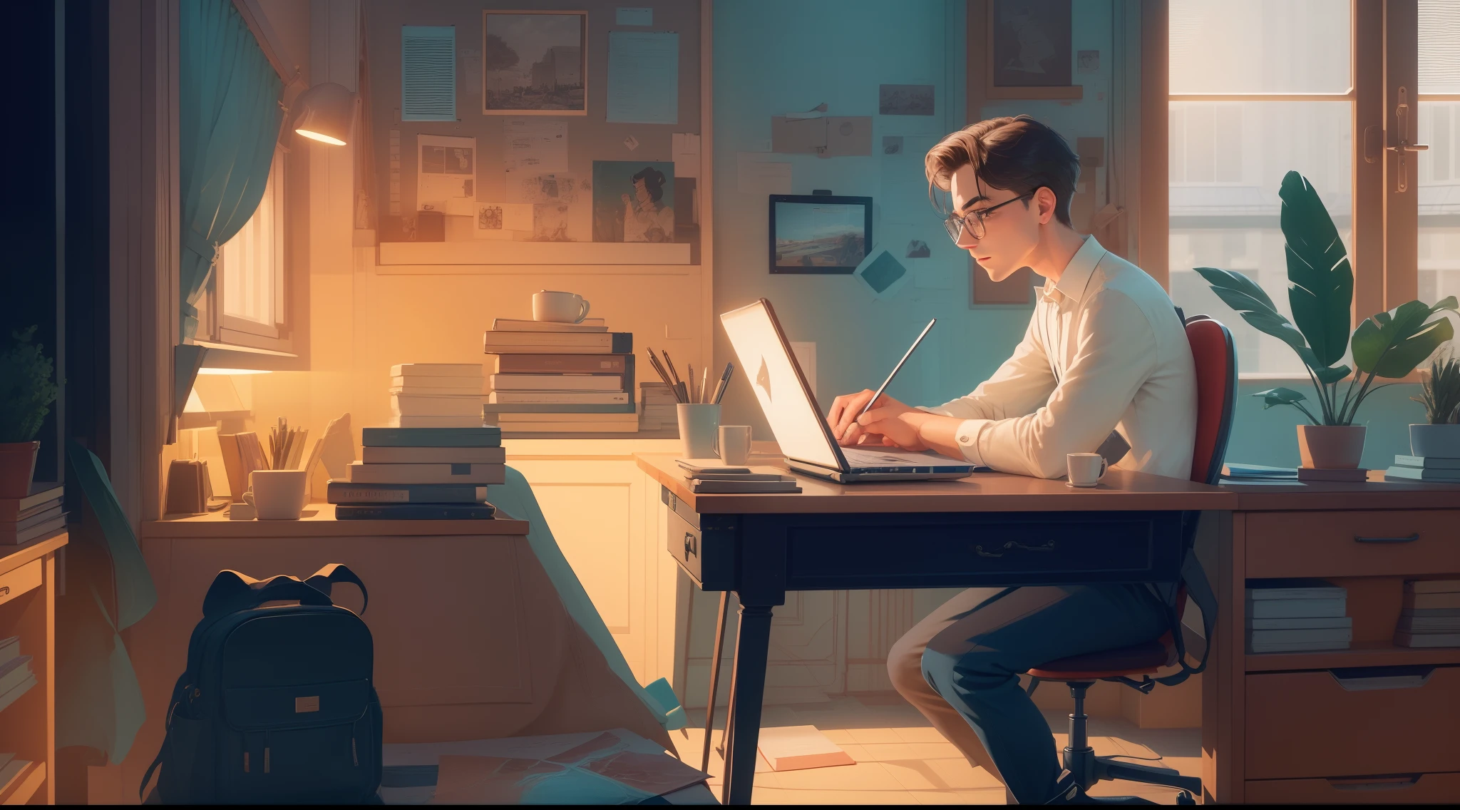 there is a man sitting at a desk with a laptop, studying in a brightly lit room, working on a laptop at a desk, illustration!, digital drawing, vignette illustration, elegant study, sitting in front of computer, proffesional illustration, in style of digital illustration, illustrative art, stylized illustration, stylised illustration, warmly lit posh study
