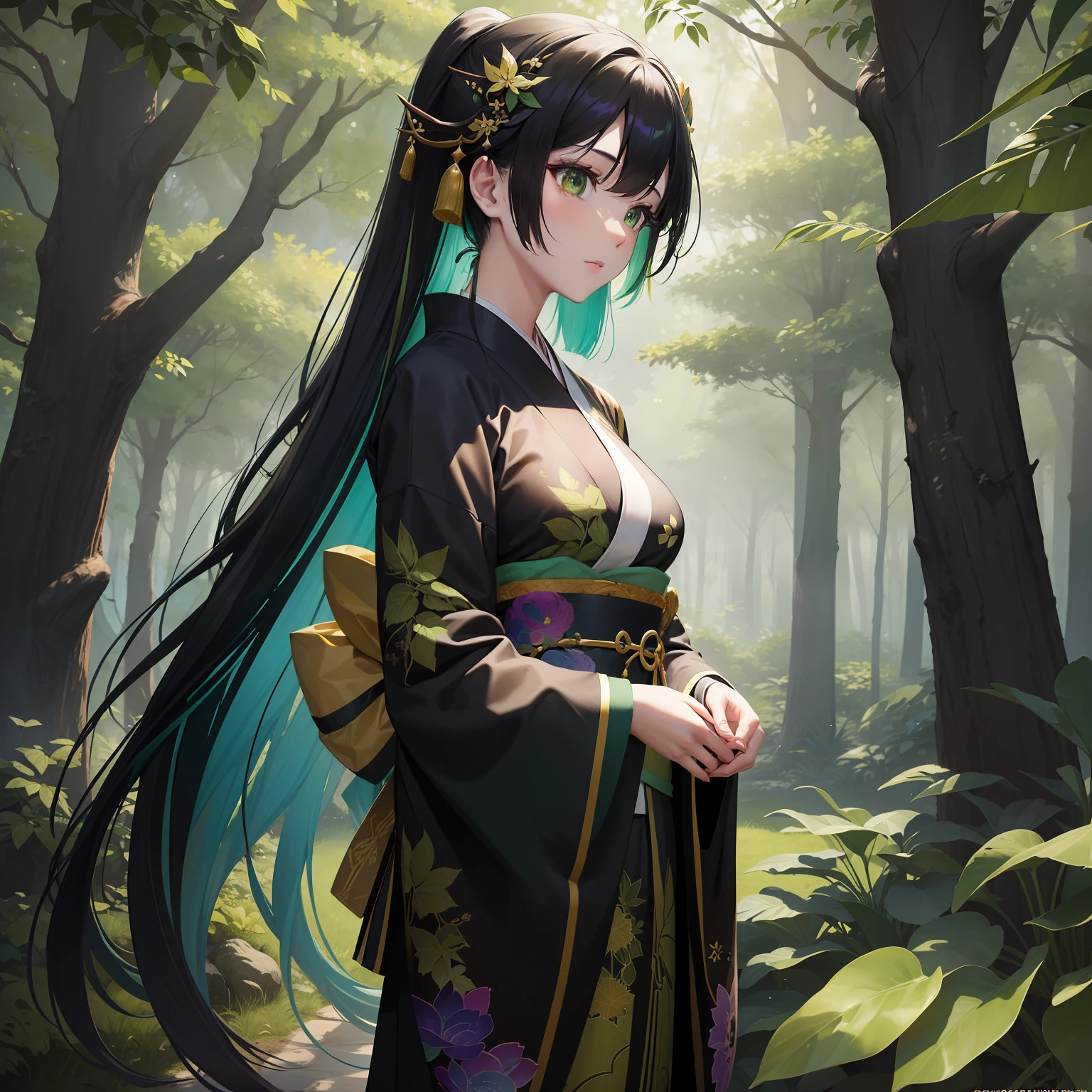 In a beautiful and aesthetic light、One girl was walking in a colorful forest with her colorful black and green hair fluttering。Her green and black colorful kimono is、The tree々Shine with the sunlight spilling out from between、She herself looked like a forest goddess。