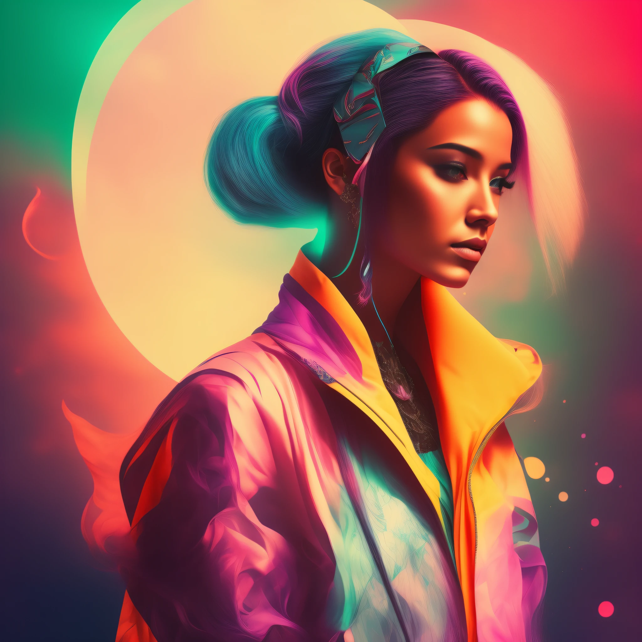 length hair　A pink-haired　Flowing wind　nigh sky　neons