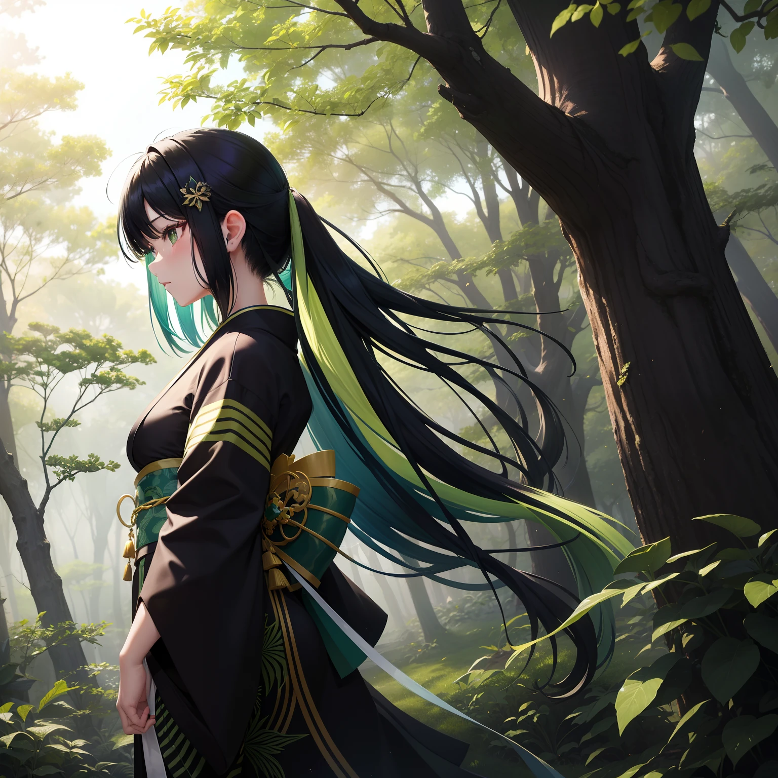 In a beautiful and aesthetic light、One girl was walking in a colorful forest with her colorful black and green hair fluttering。Her green and black colorful kimono is、The tree々Shine with the sunlight spilling out from between、She herself looked like a forest goddess。