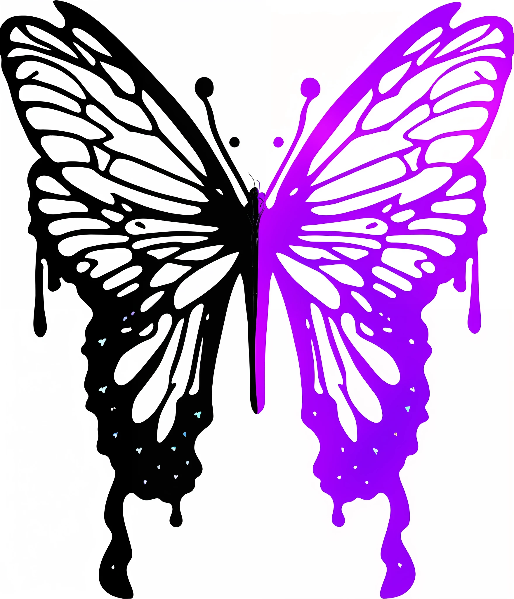 Purple butterfly with black background, purple shattered paint, Butterfly wings, Butterfly, purple shattered paint!, Half woman, half butterfly, butterfly pop art, some purple, Black and purple, stained glass wings, roxo e preto, drawn in microsoft paint, tattered wings, made of liquid purple metal, background is purple, full scene shot, Neon wings, purple liquid
